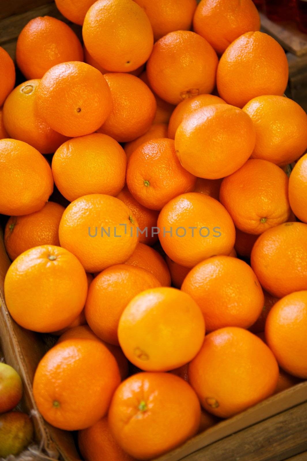 Some navel oranges being displayed in a crate that are shiny.