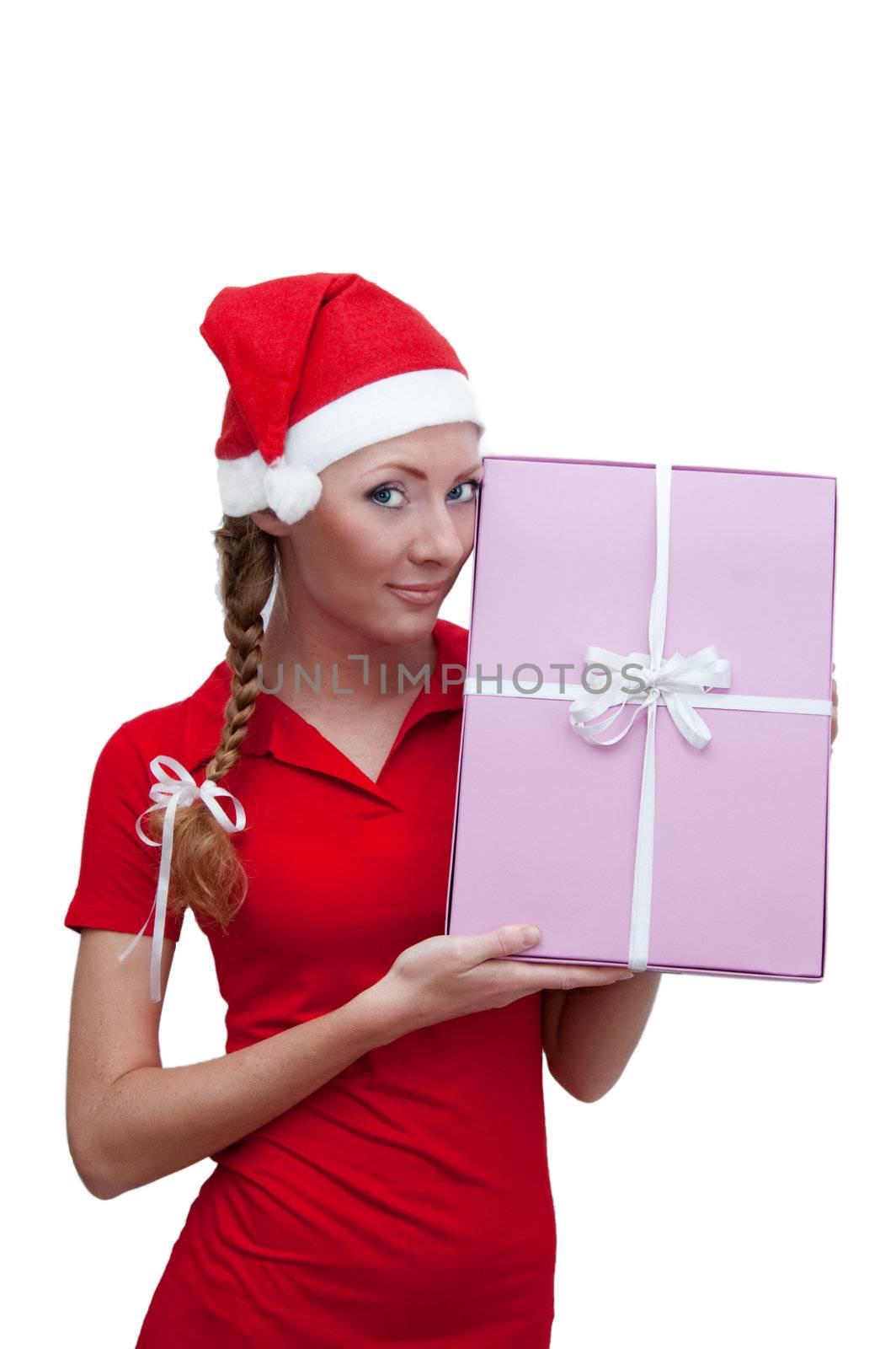 Joyful Santa helper with pink present box over white