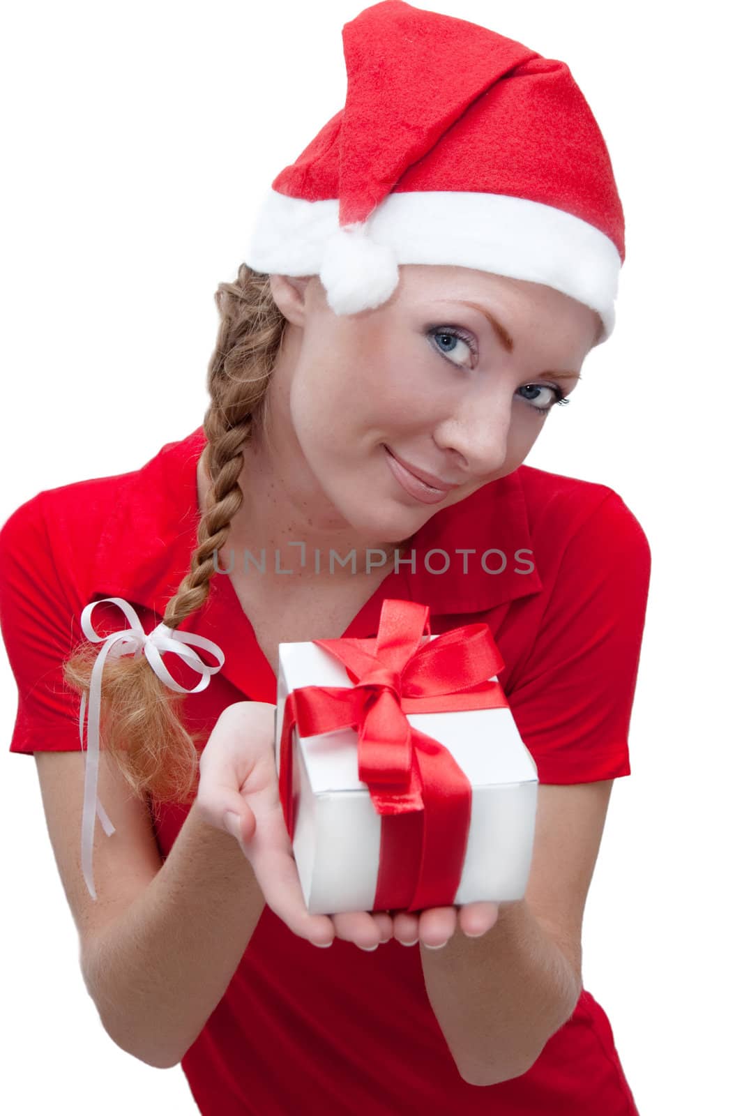 Joyful Santa helper with present box over white