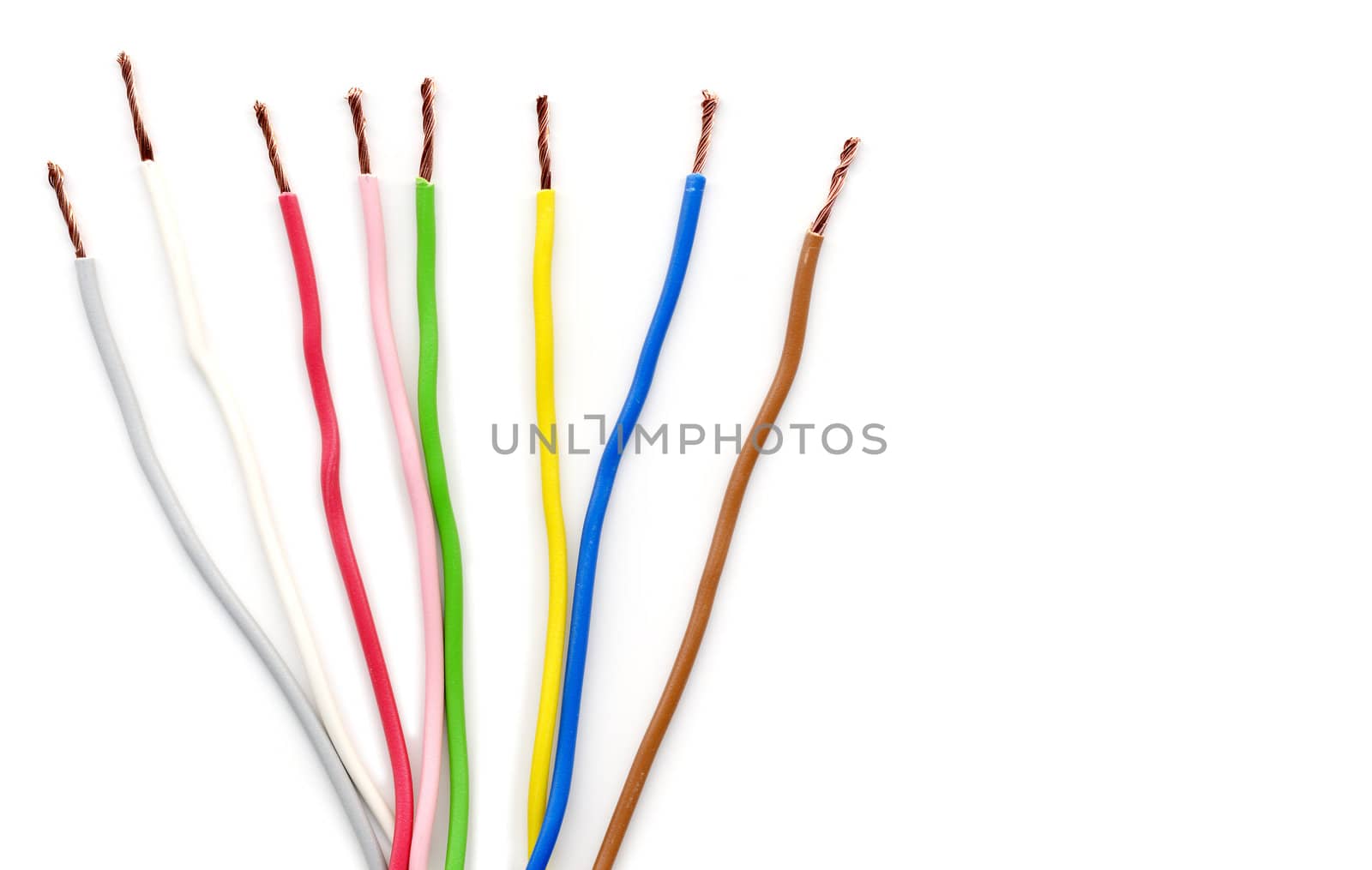 Coloured electric wires over a white background
