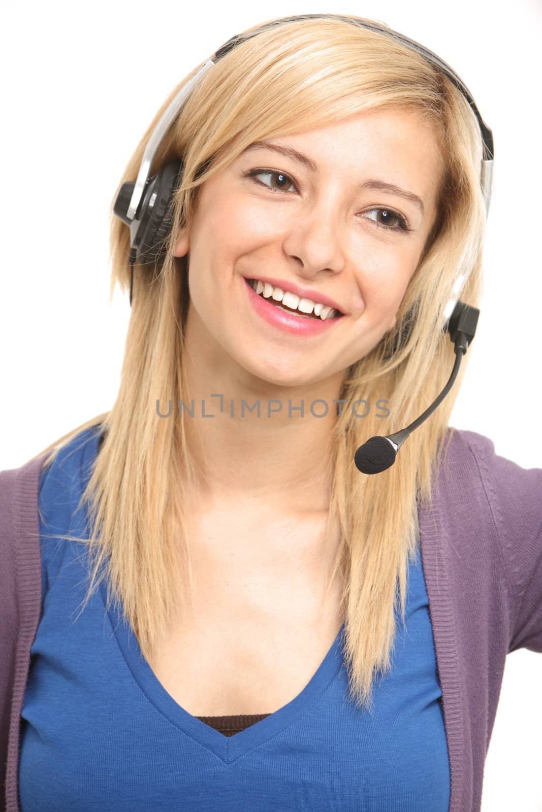A smiling girl is talking in a customer care
