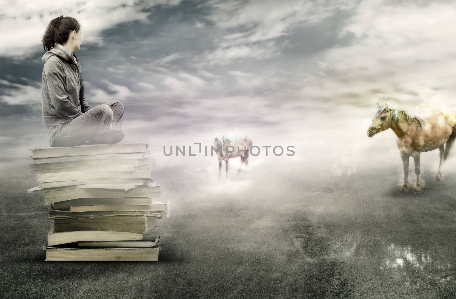 Girl sitting on books and waching at two magic horses