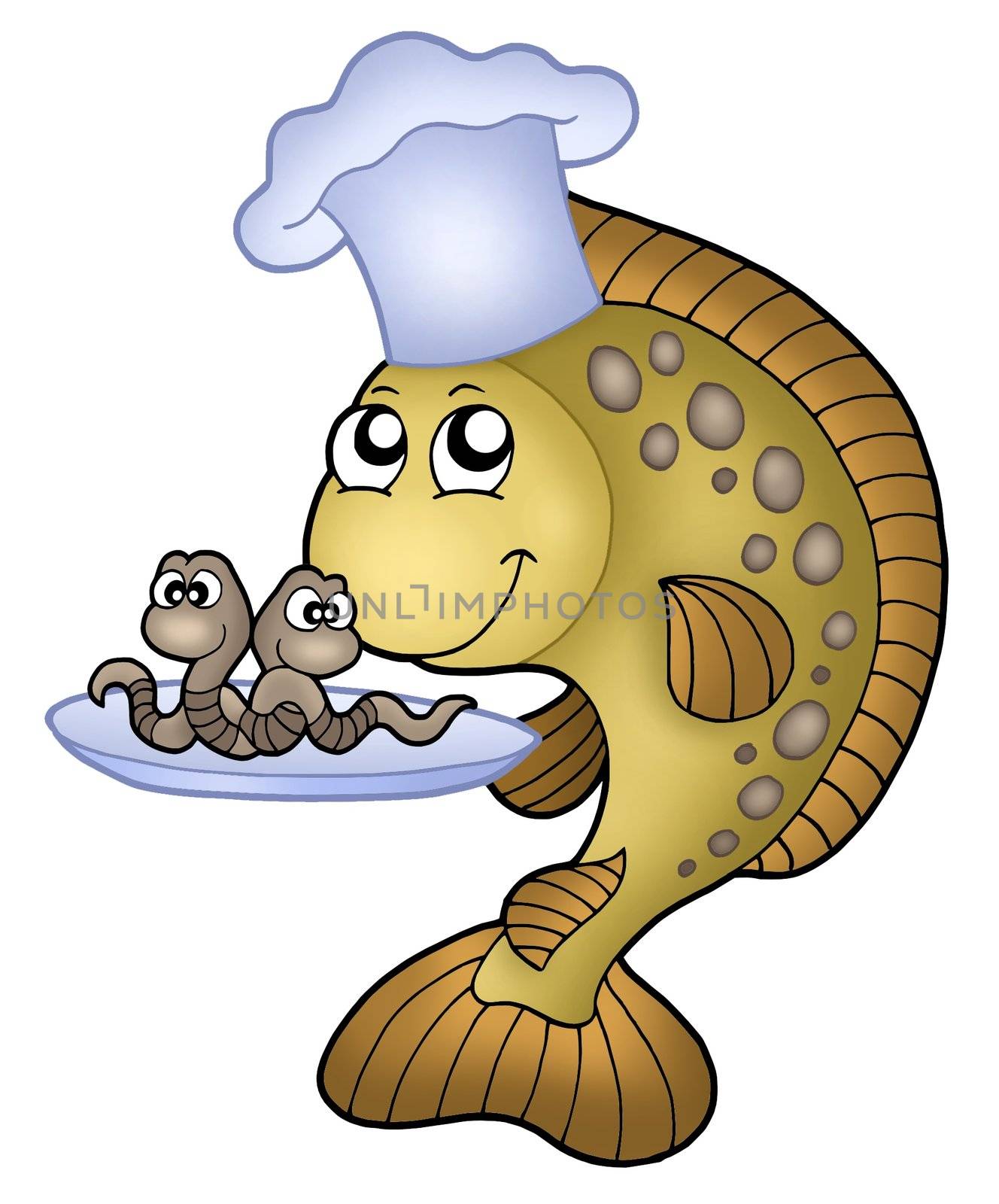 Carp chef with earthworms - color illustration.