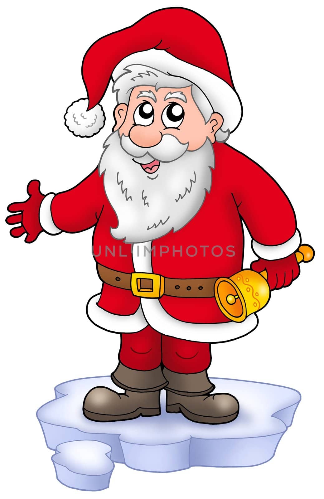 Cute Santa Claus with bell on snow - color illustration.
