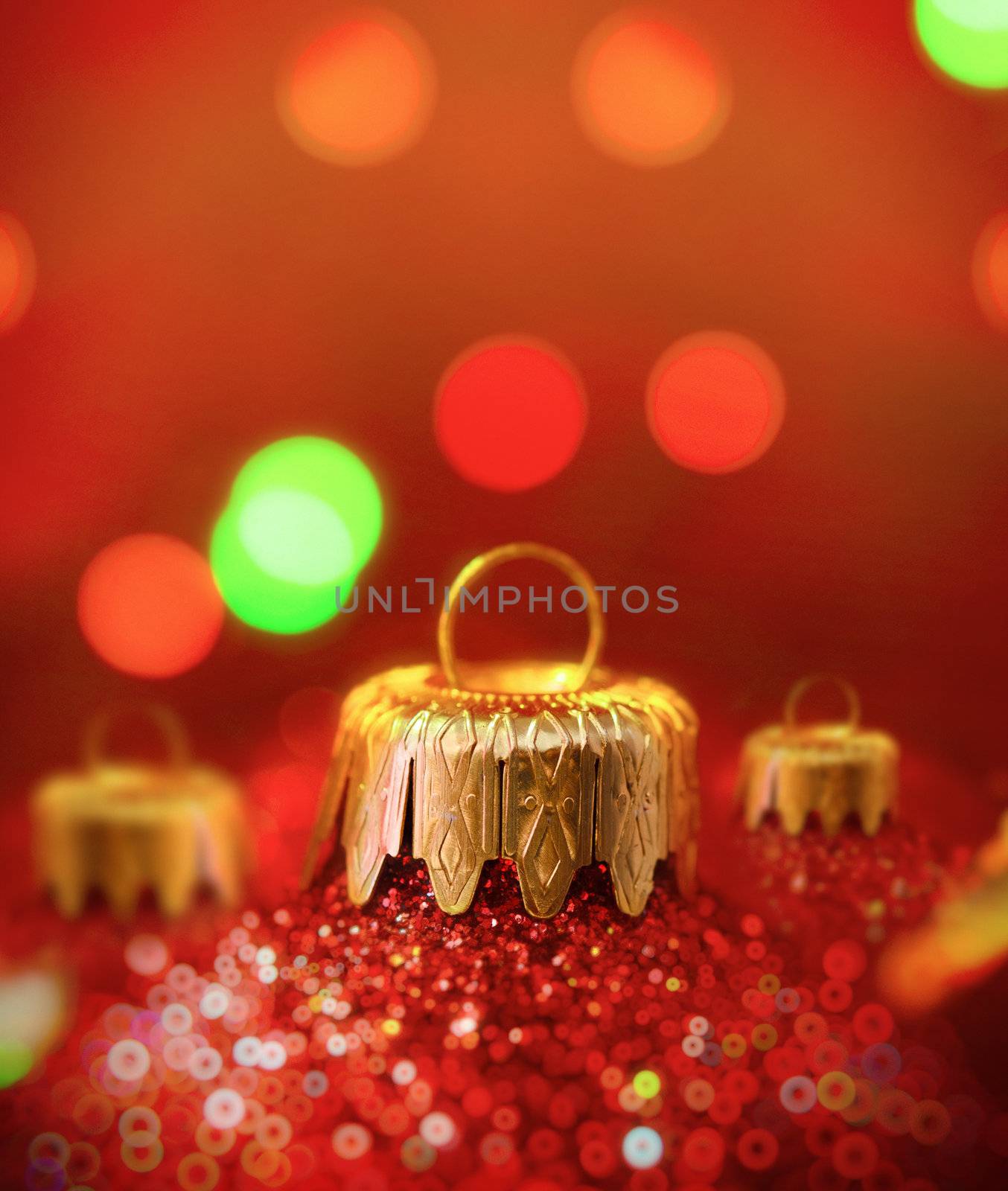 Christmas baubles on red background