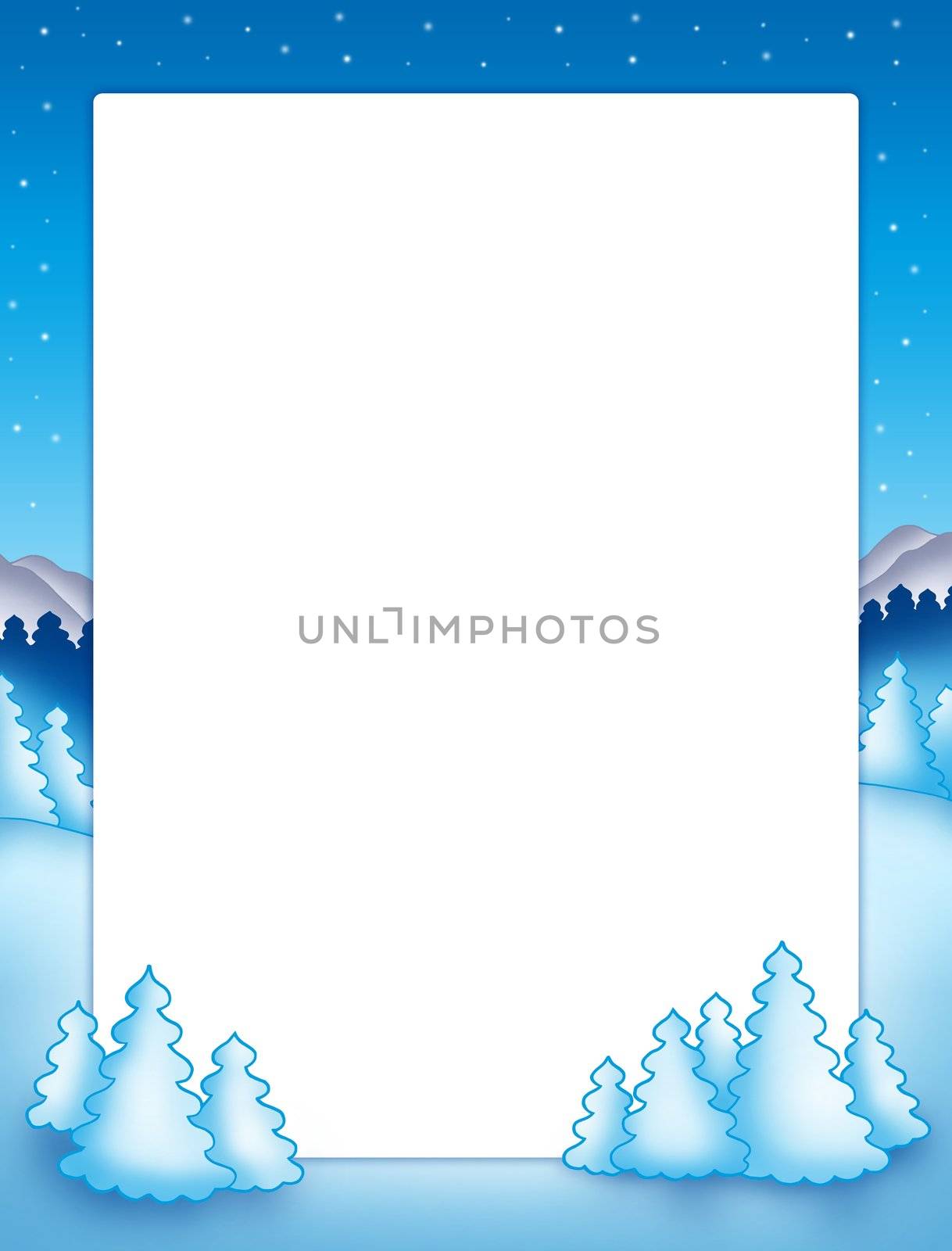 Christmas frame with snowy trees - color illustration.