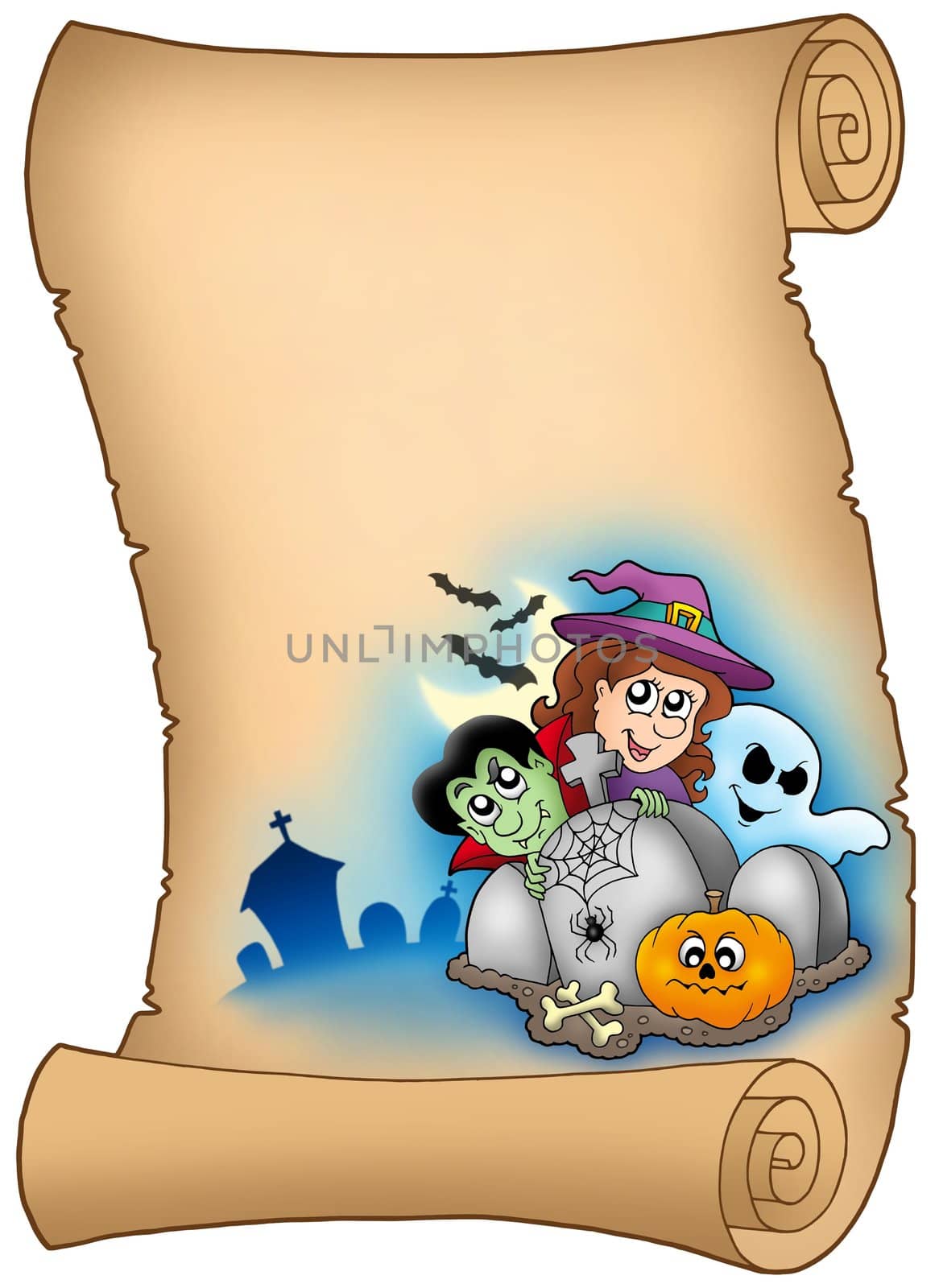 Parchment with Halloween characters - color illustration.