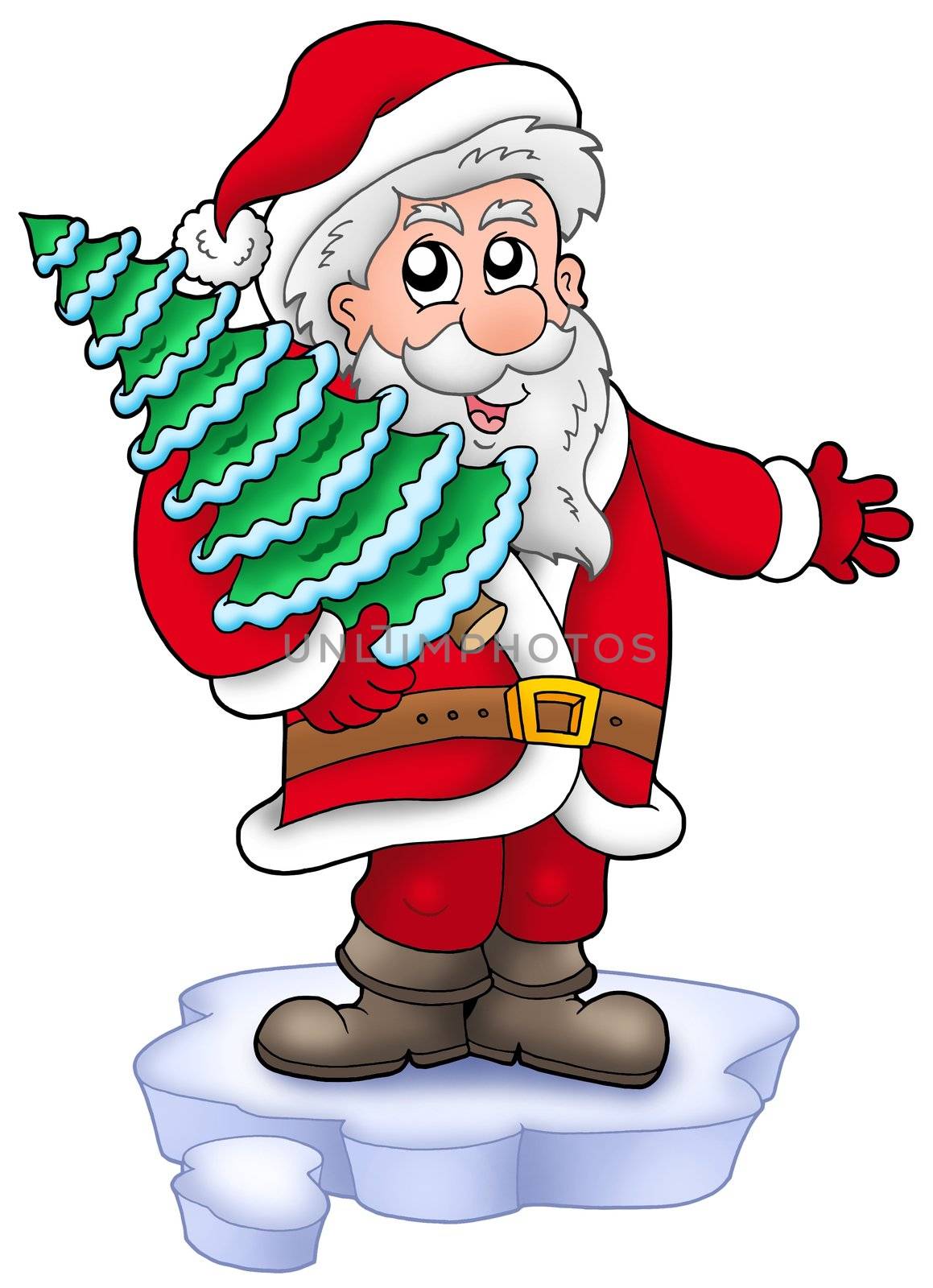 Santa with Christmas tree on iceberg - color illustration. 