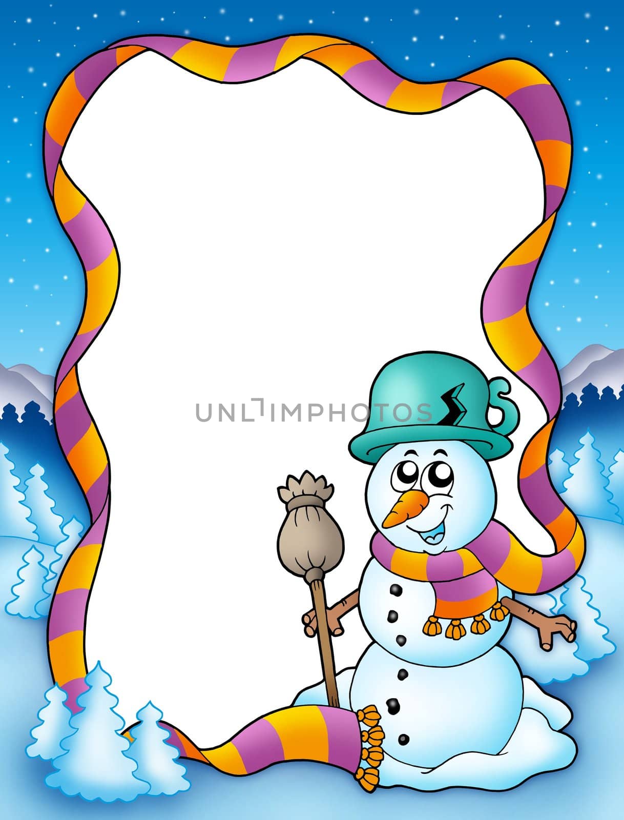 Winter frame with snowman and trees - color illustration.