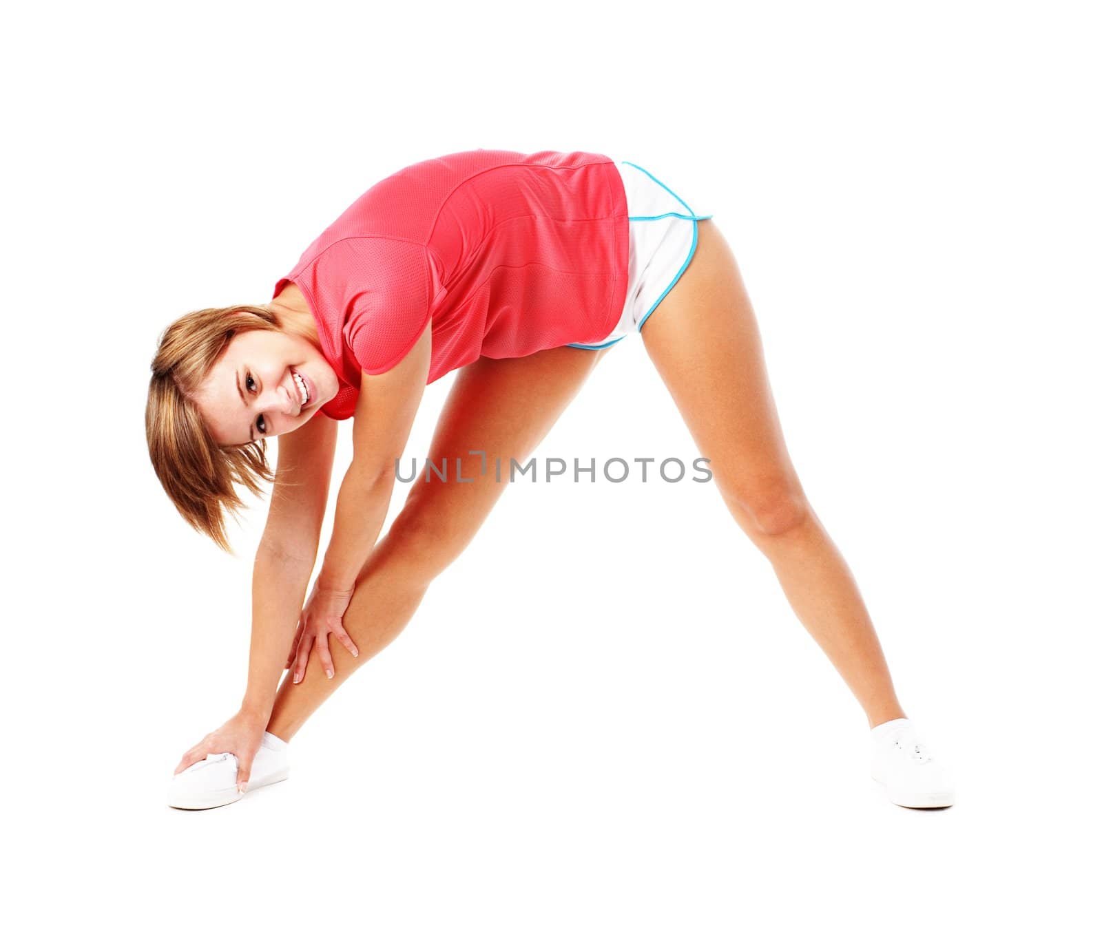 Young Fitness Woman in Red Shirt Stretching, Isolated on White by cardmaverick