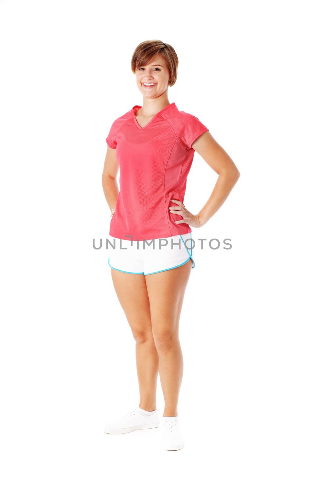 Young Fitness Woman in Red Shirt Isolated on White by cardmaverick