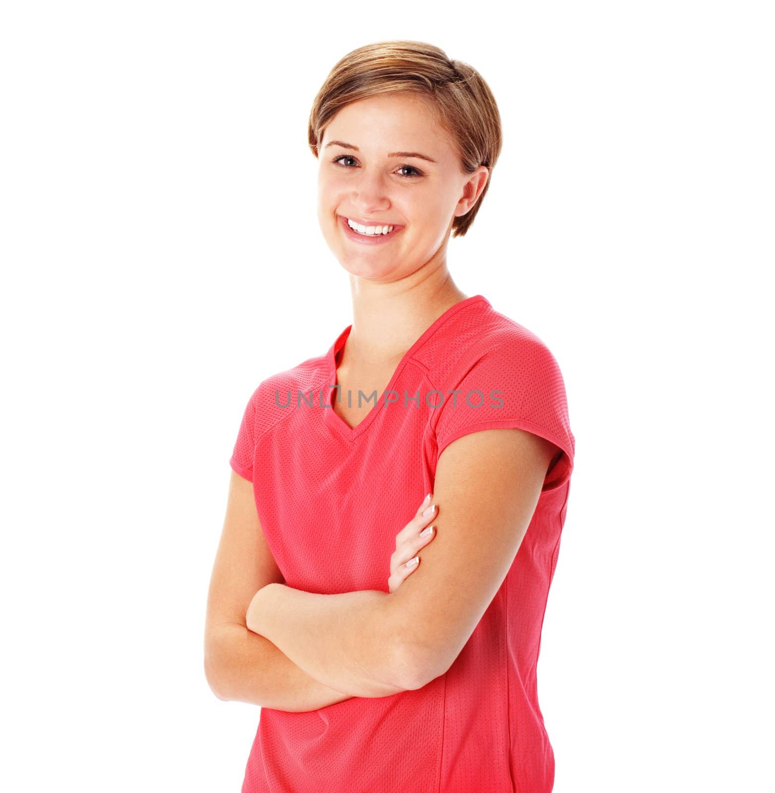 Young Fitness Woman in Red Shirt Isolated on White by cardmaverick