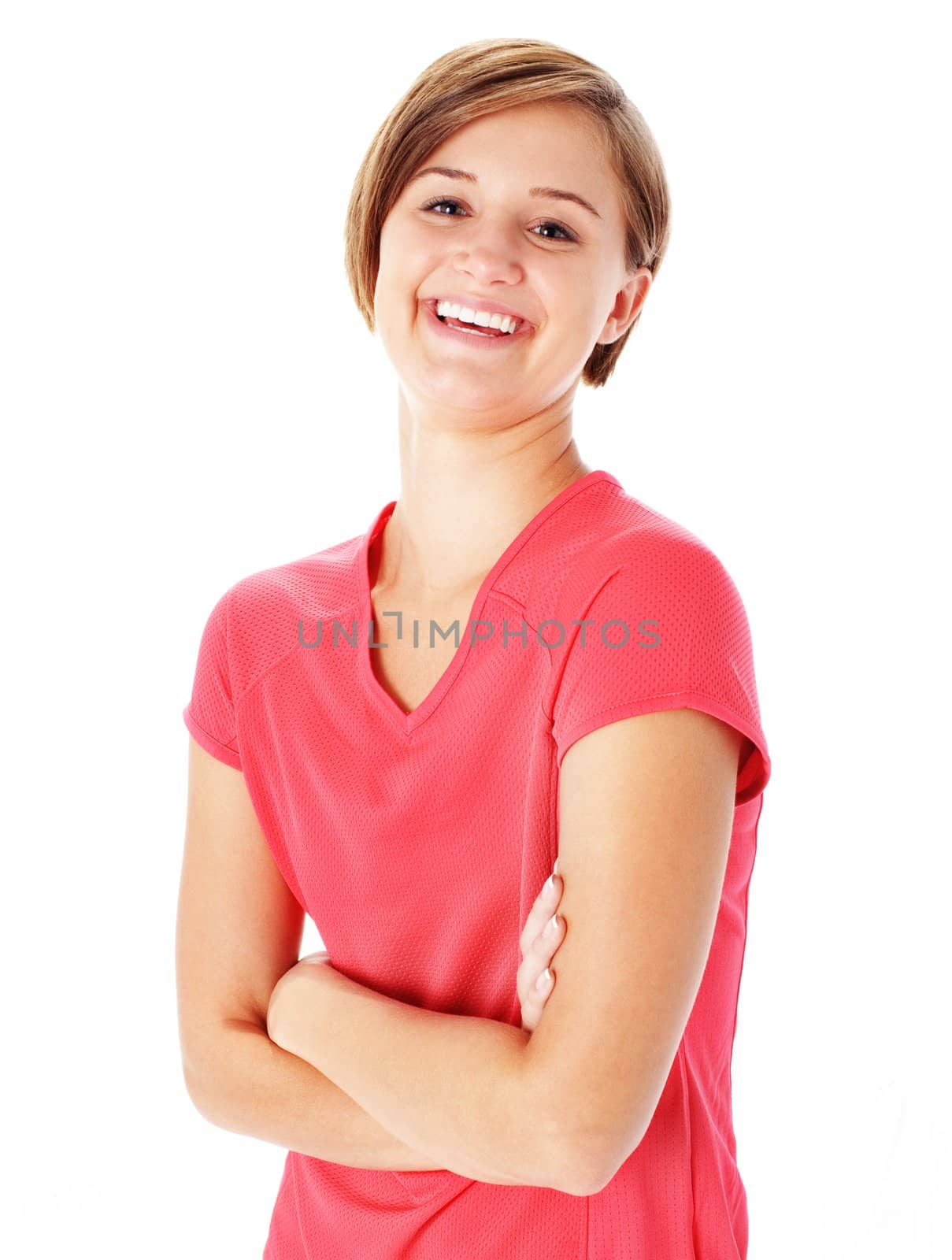 Young Fitness Woman in Red Shirt Isolated on White by cardmaverick