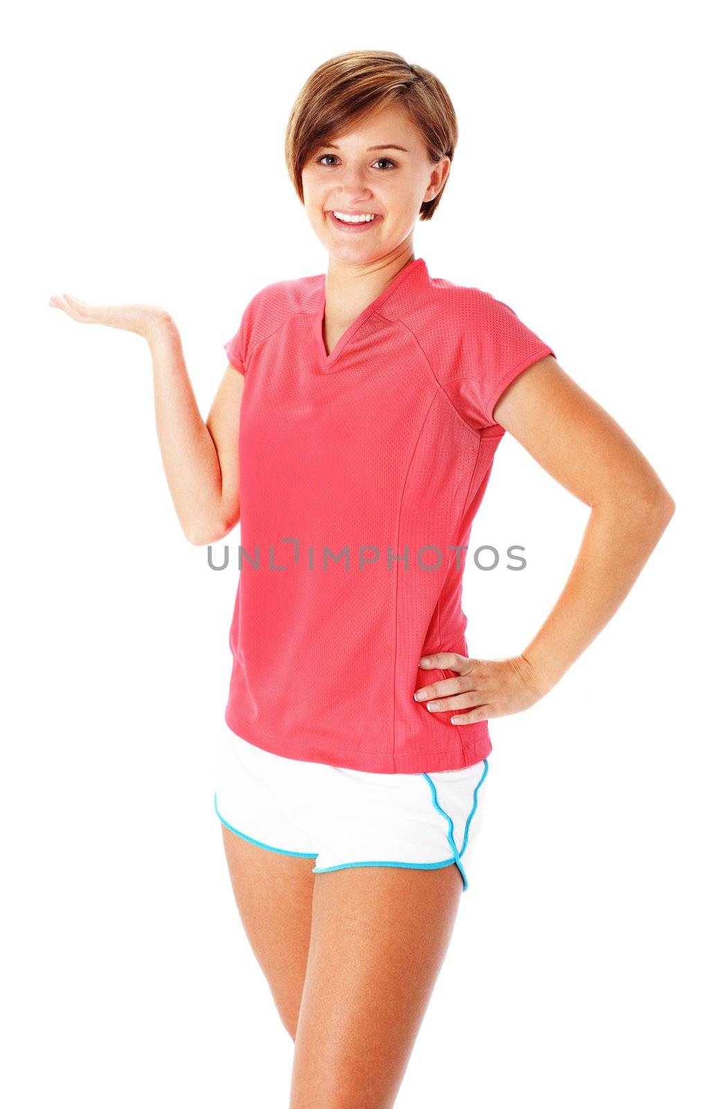 Young Fitness Woman in Red Shirt Presenting, Isolated on White by cardmaverick