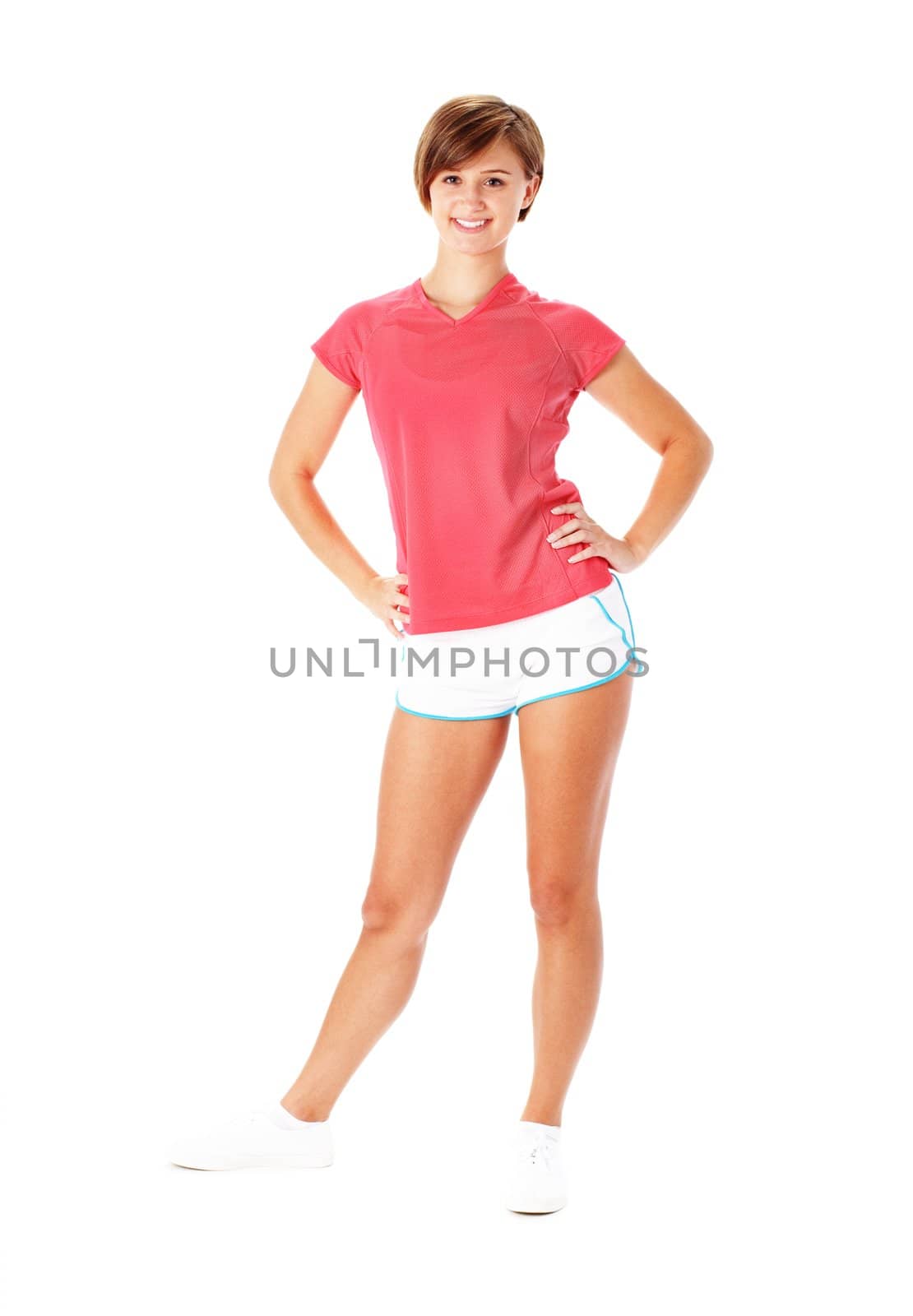 Young Fitness Woman in Red Shirt Isolated on White by cardmaverick