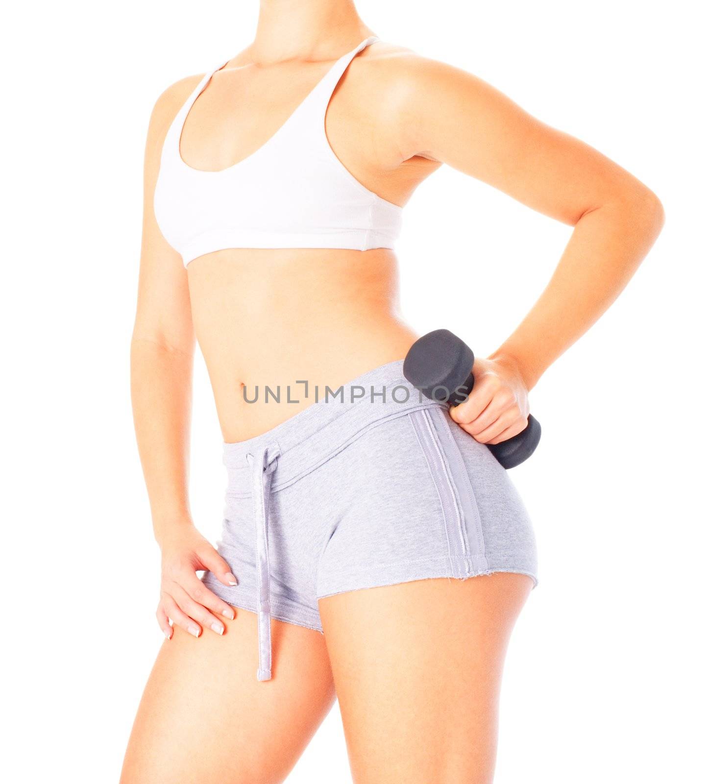 Young woman isolated on white lifting weights, from a complete series of photos.