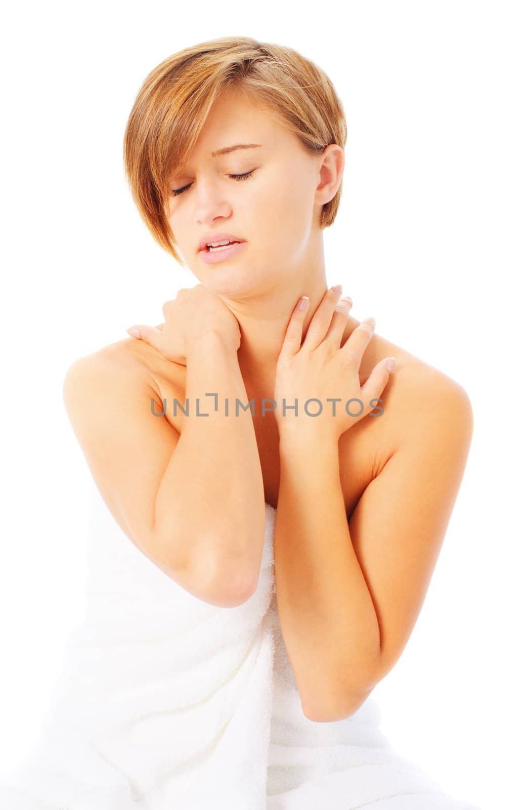 Woman in Towel Massaing Herself by cardmaverick