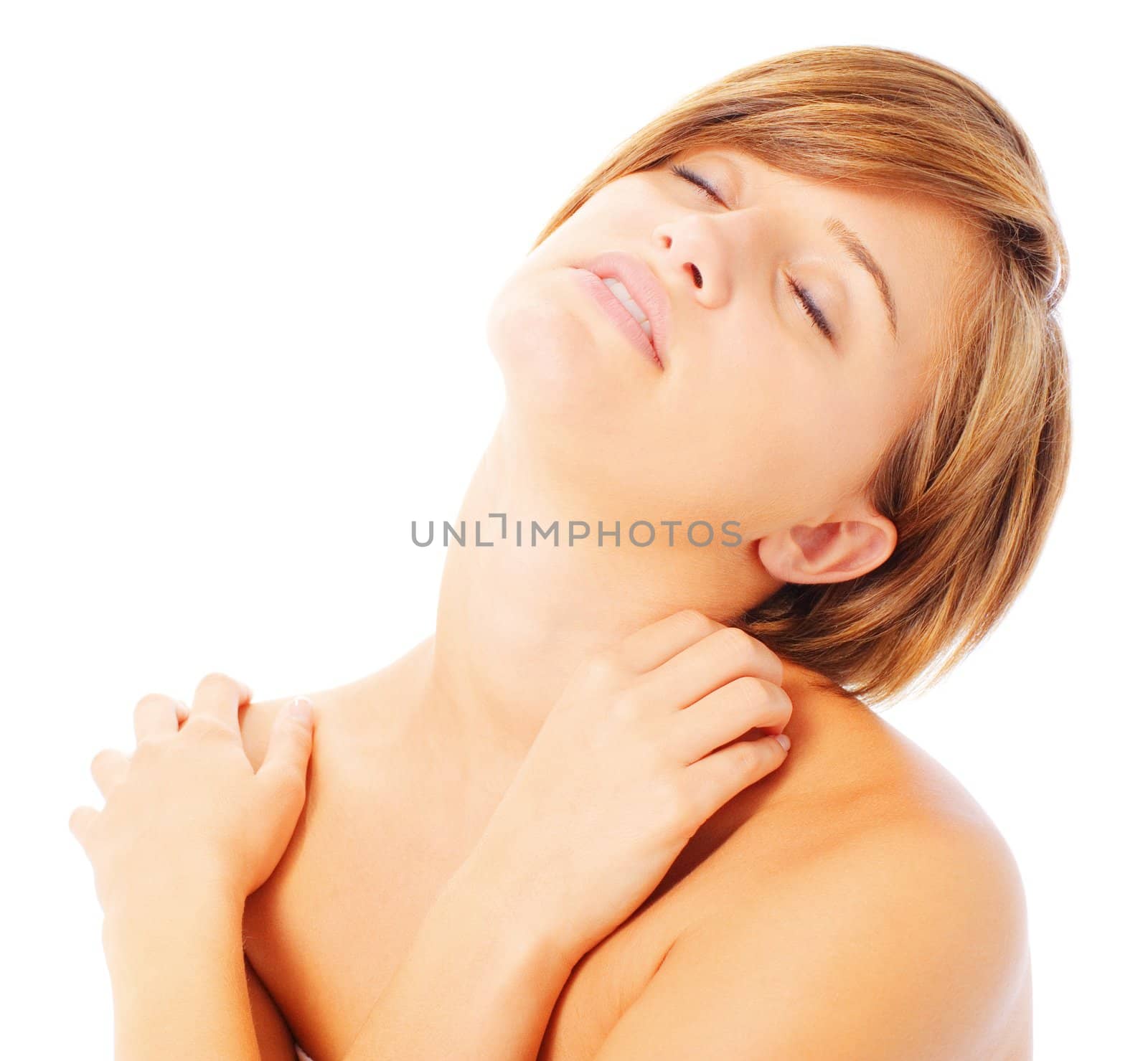 Woman massaging her neck and shoulders, from a complete series of photos.