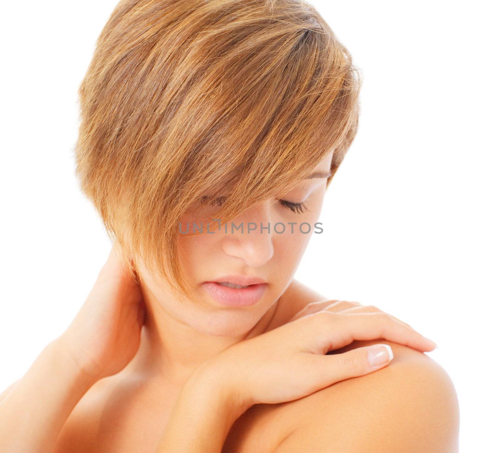 Woman massaging her neck and shoulders, from a complete series of photos.
