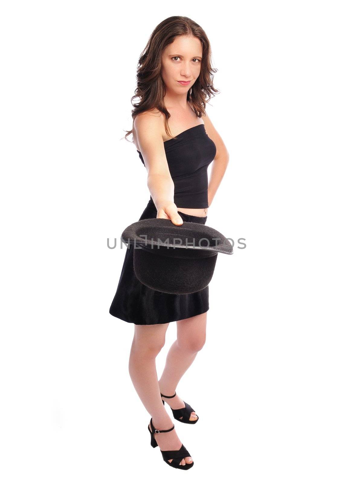 woman in a miniskirt and tube top tipping her hat set on a white background