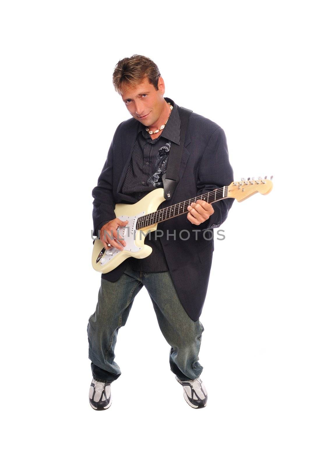man playing an electric guitar on a white background