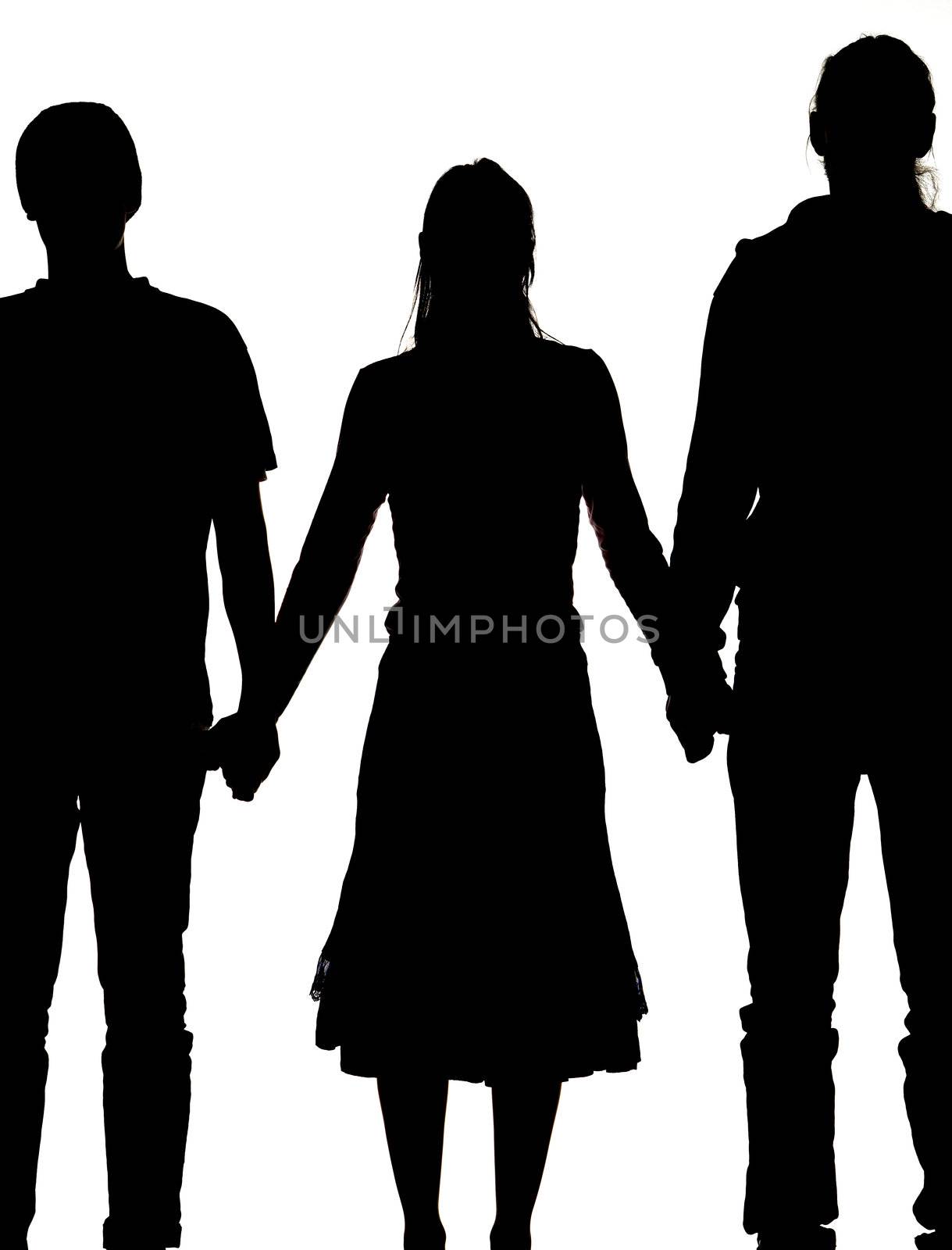 silhouette of two men and a womansilhouette of a woman and two men holding hands by gemenacom