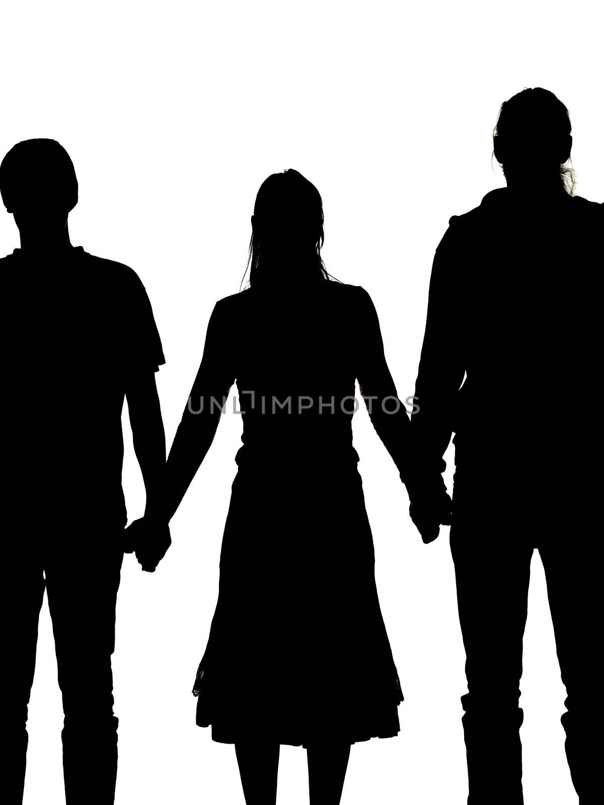 silhouette of a woman and two men holding hands
