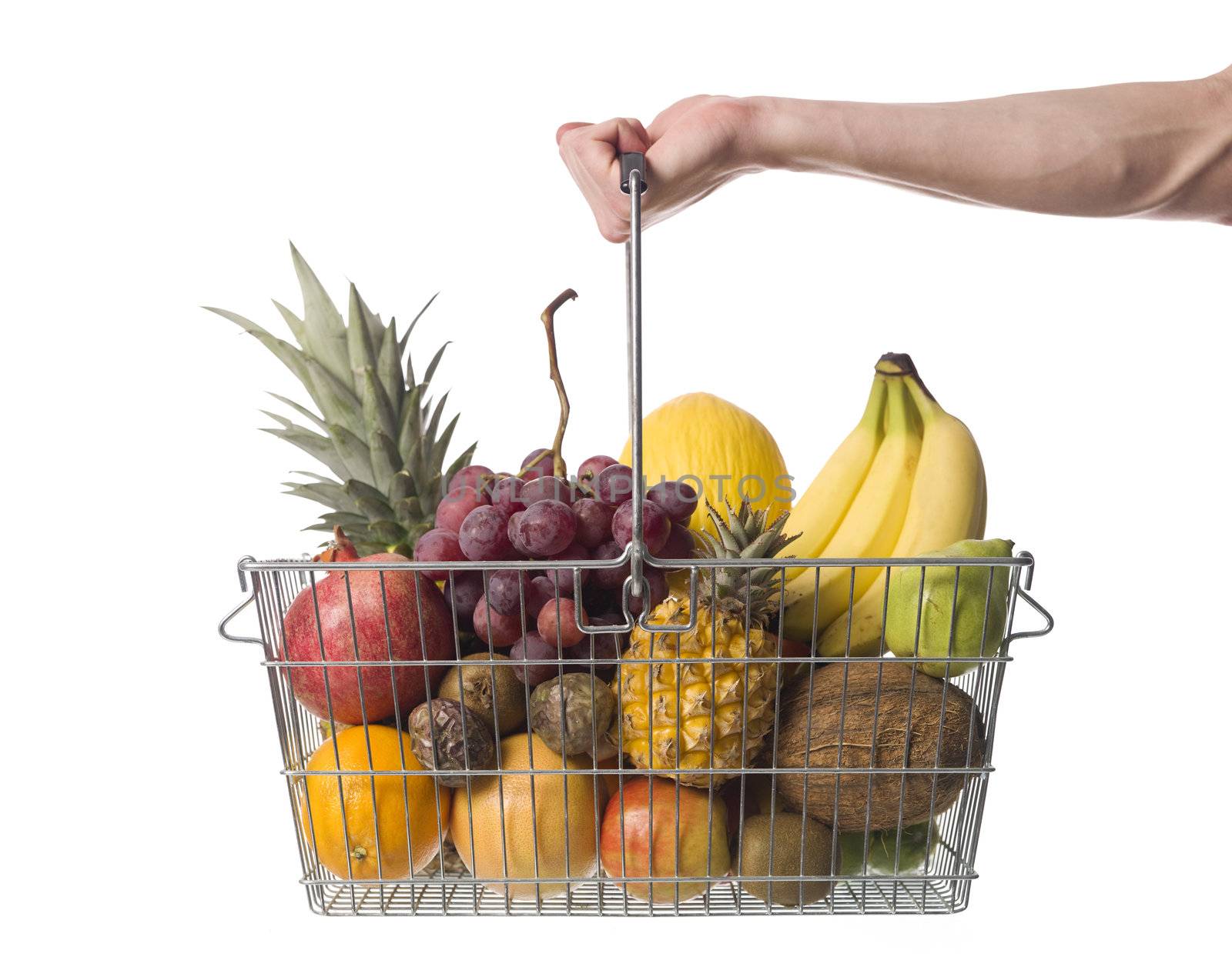 Holding a shopping-basket of fruit