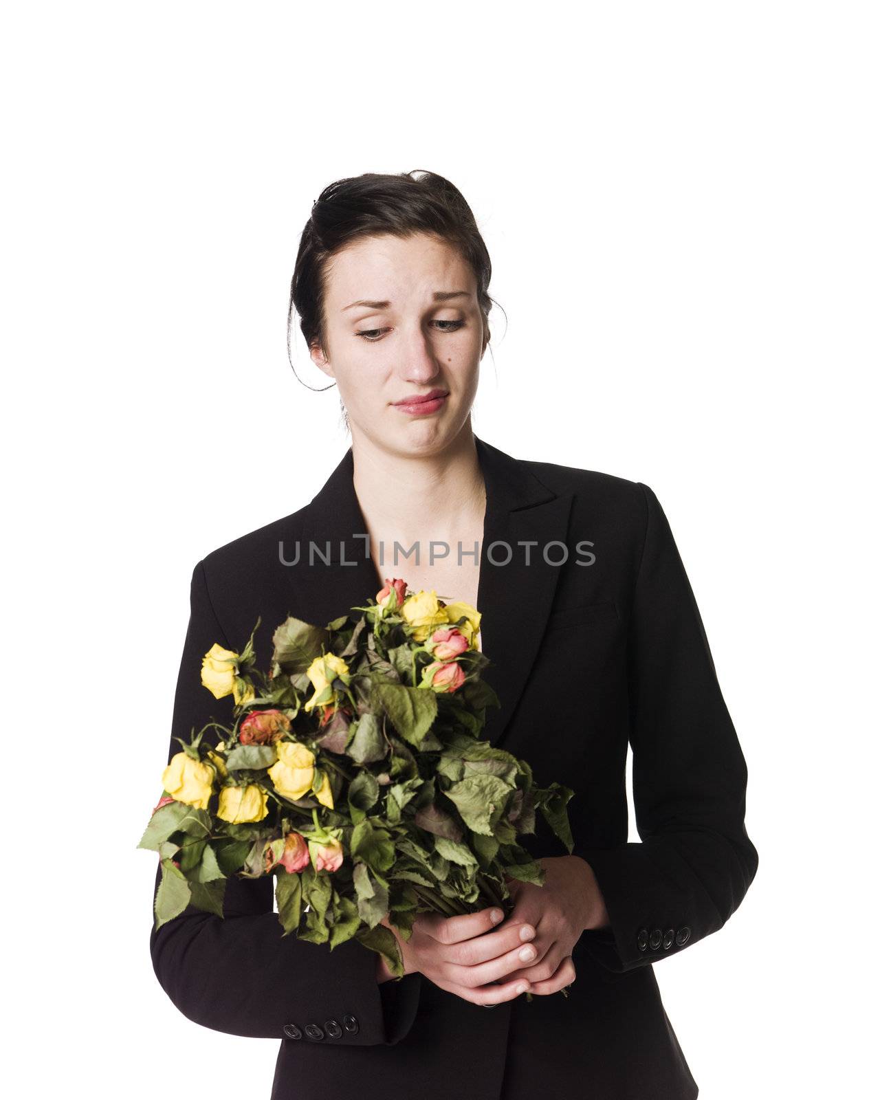 Woman with dead flowers