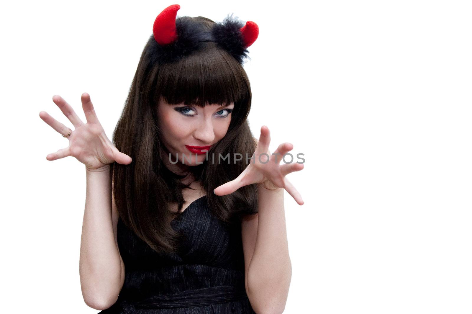 Devilish woman with horns growling over white