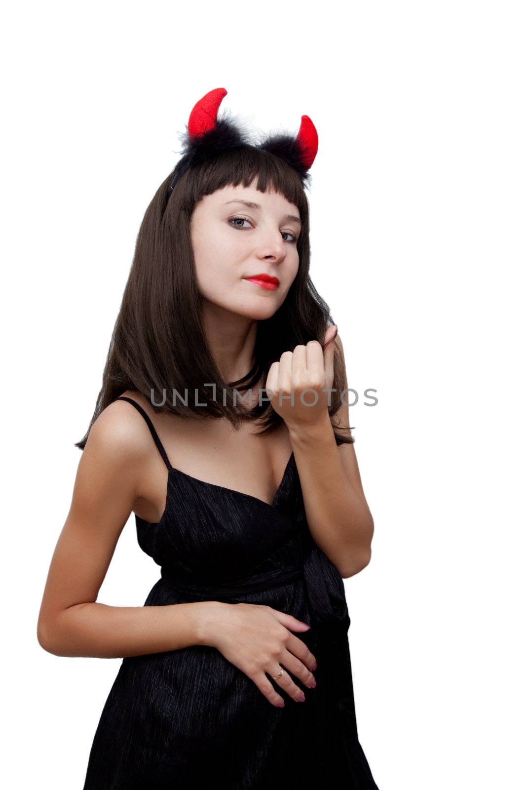Devilish woman with horns over white