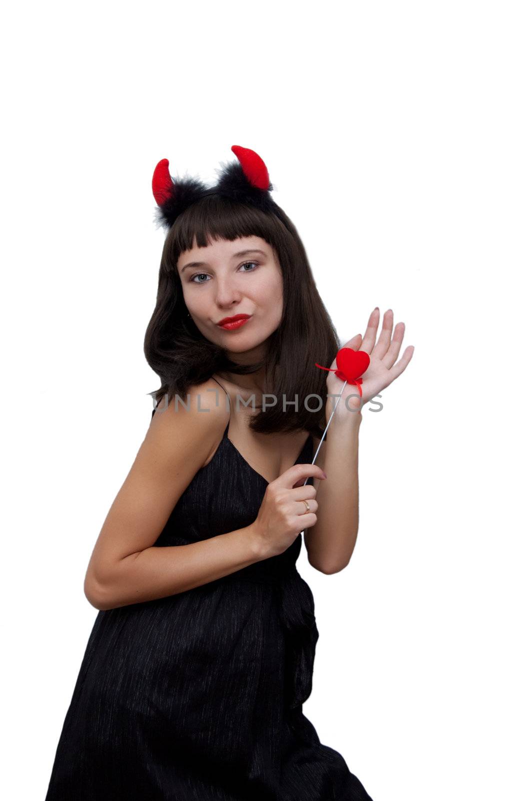 Devilish woman with horns and fabric heart over white