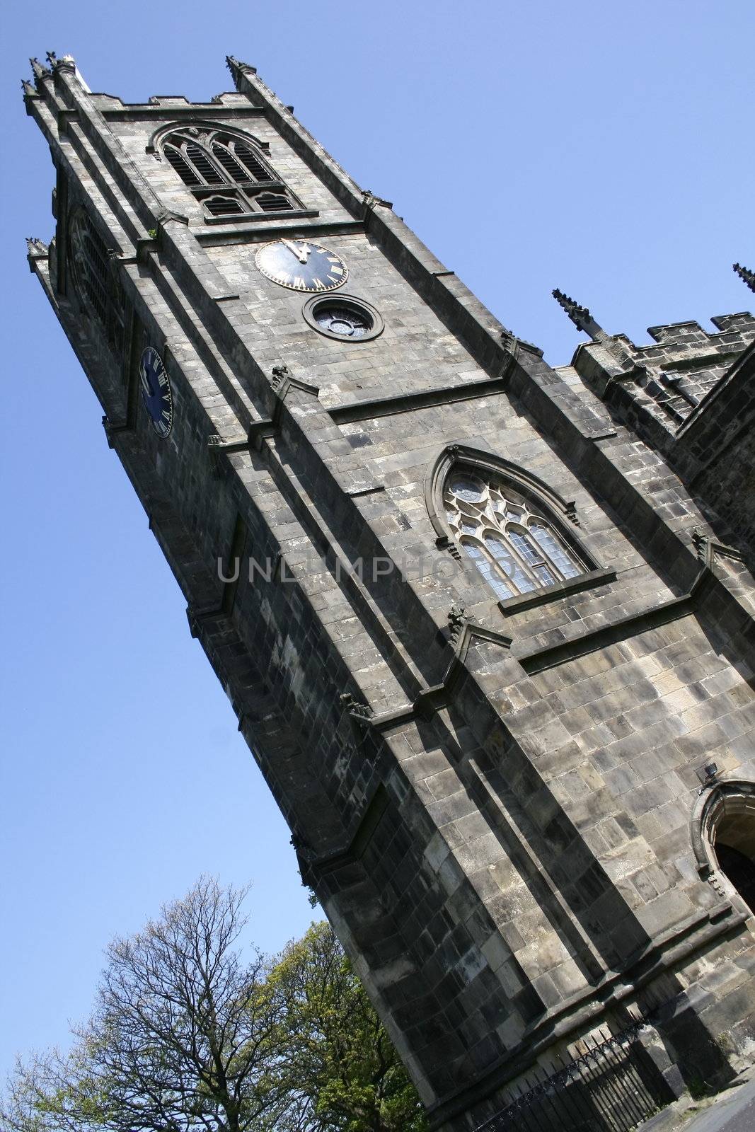 church tower of a large church taken at a abstract angle