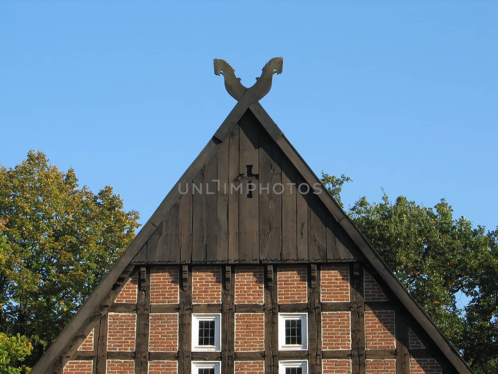 horseheads at the front wall of a Lower Saxony farmhouse