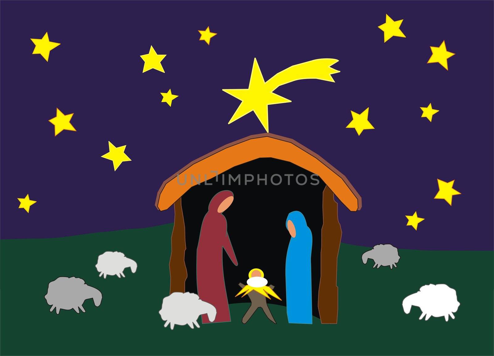 christmas scene, manger with stars and sheep