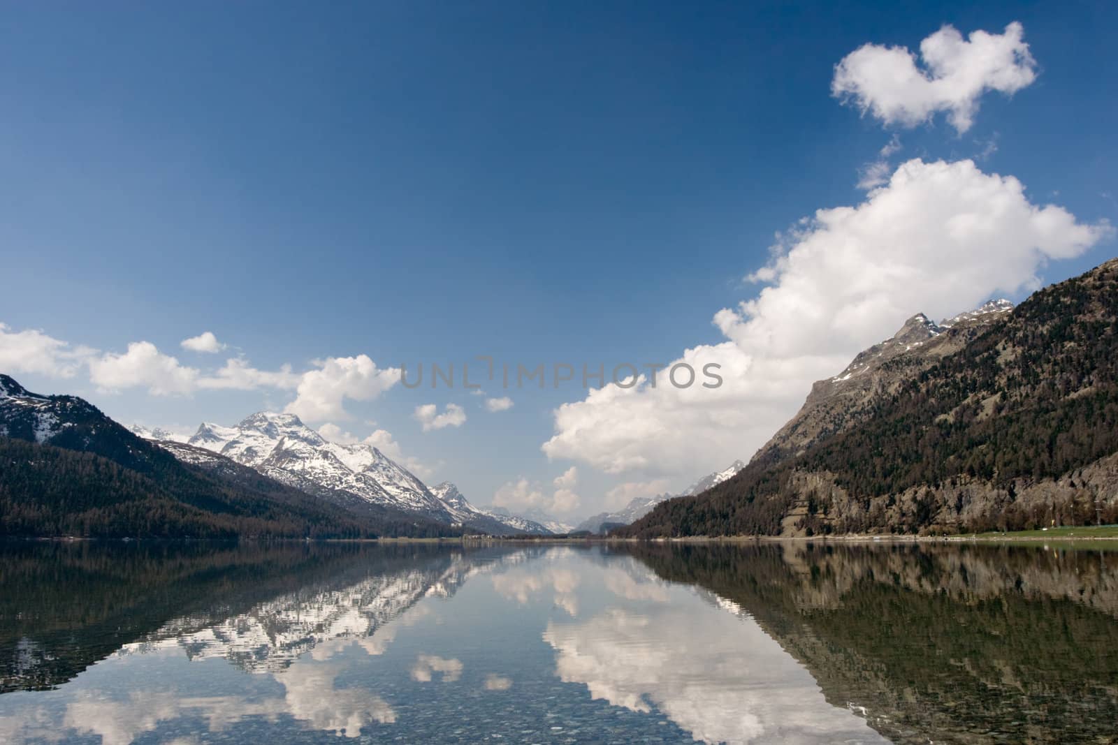 View over a beautiful mountain landscape in the Swiss Alps. Silvaplana, Switzerland.