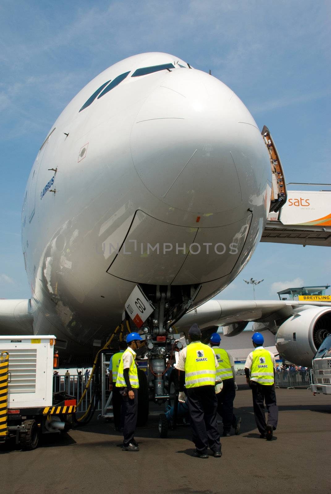 Airbus A380 at the static aircraft display area preparing to take off for fly pass.