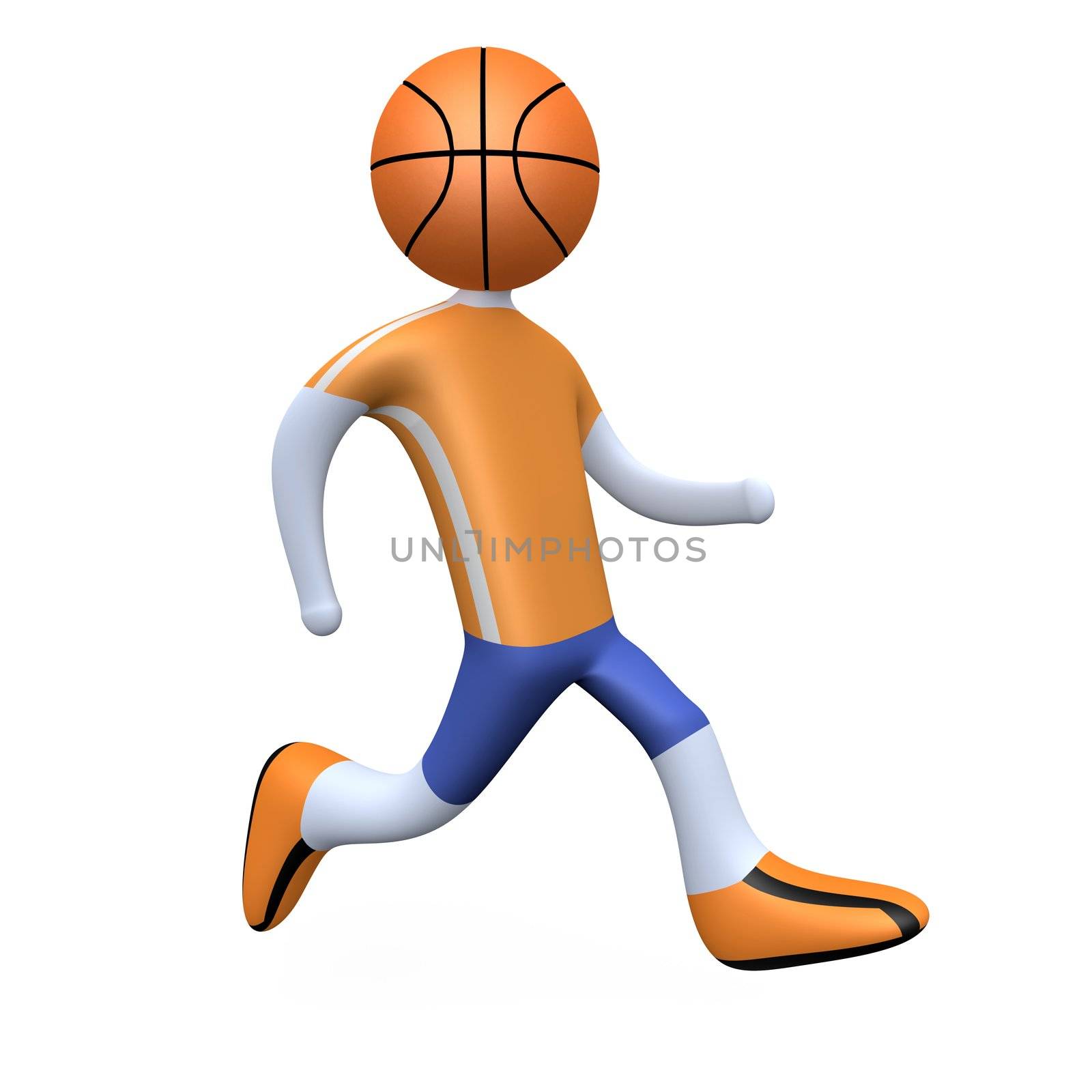 3d basketball player with his head replaced by a ball.