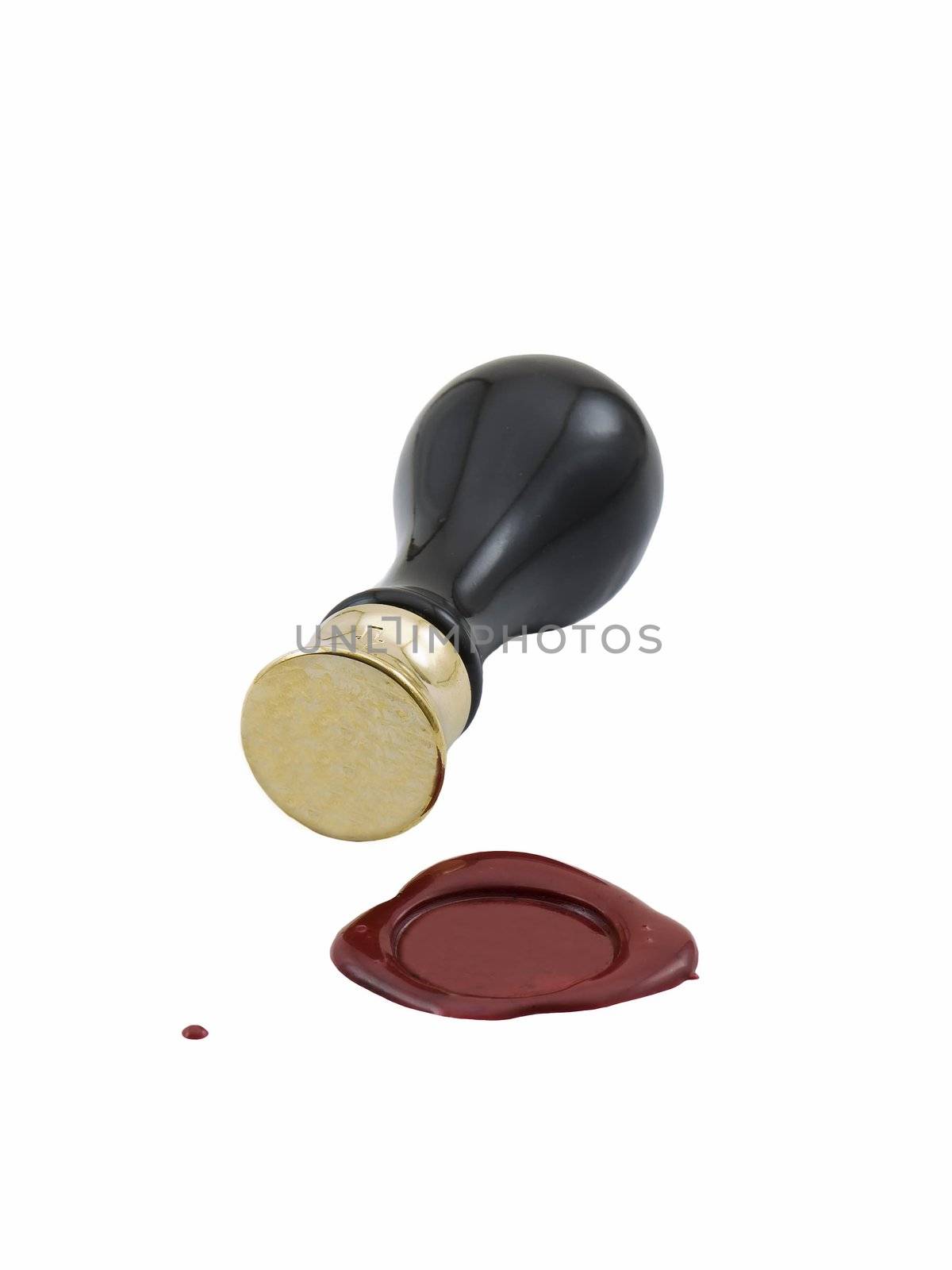 Wax seal being applied with stamper, isolated on white