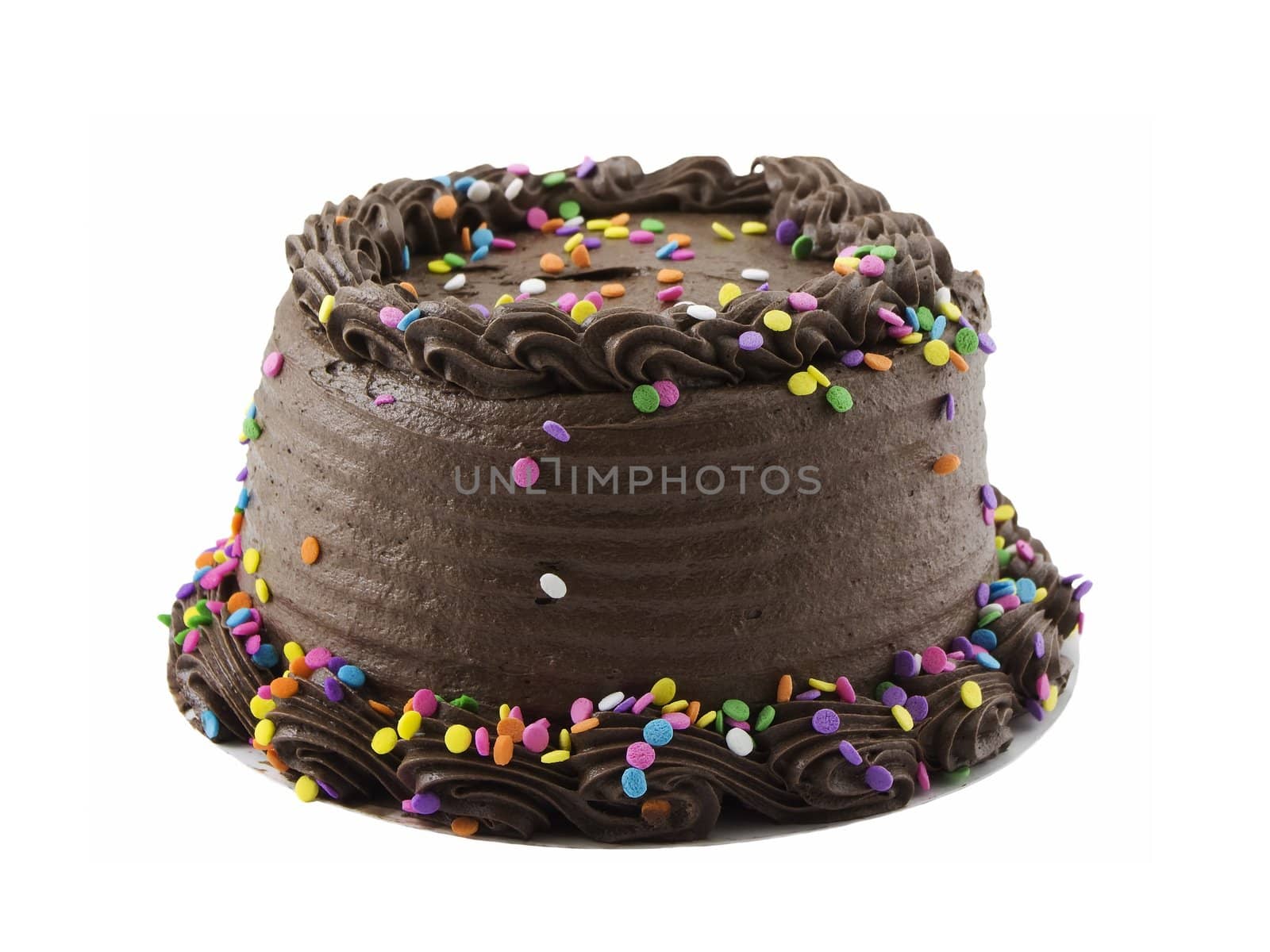 Chocolate cake with sprinkles, isolated on white