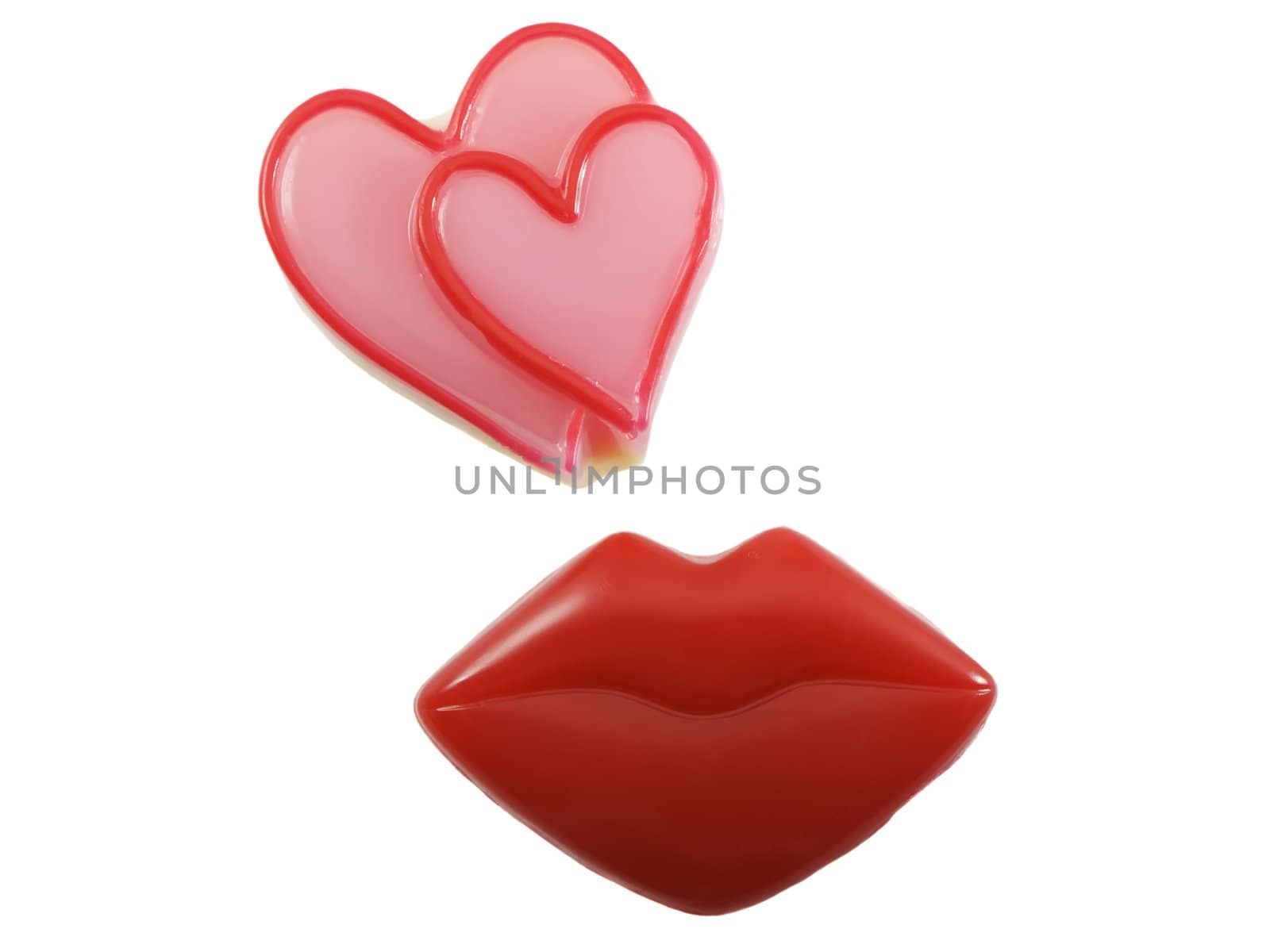 Heart shapes and red lips isolated on white