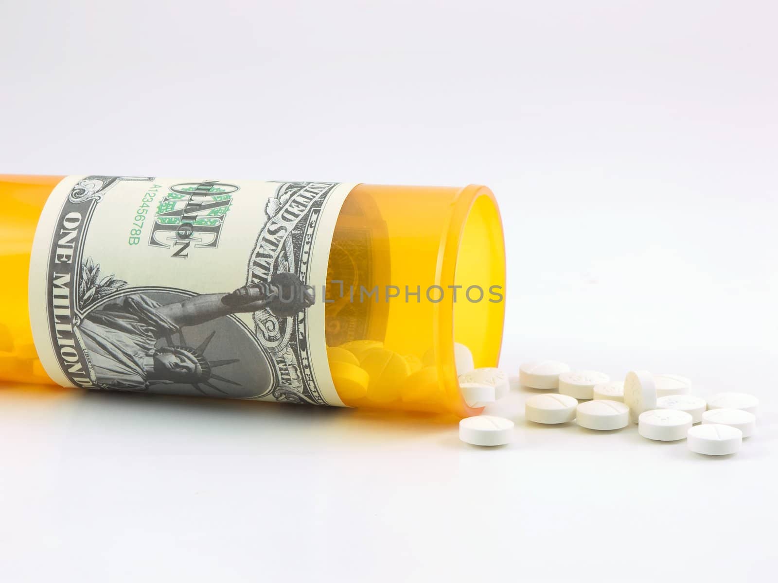 Pill bottle with one million dollar bill wrapped around it to show cost of health care.