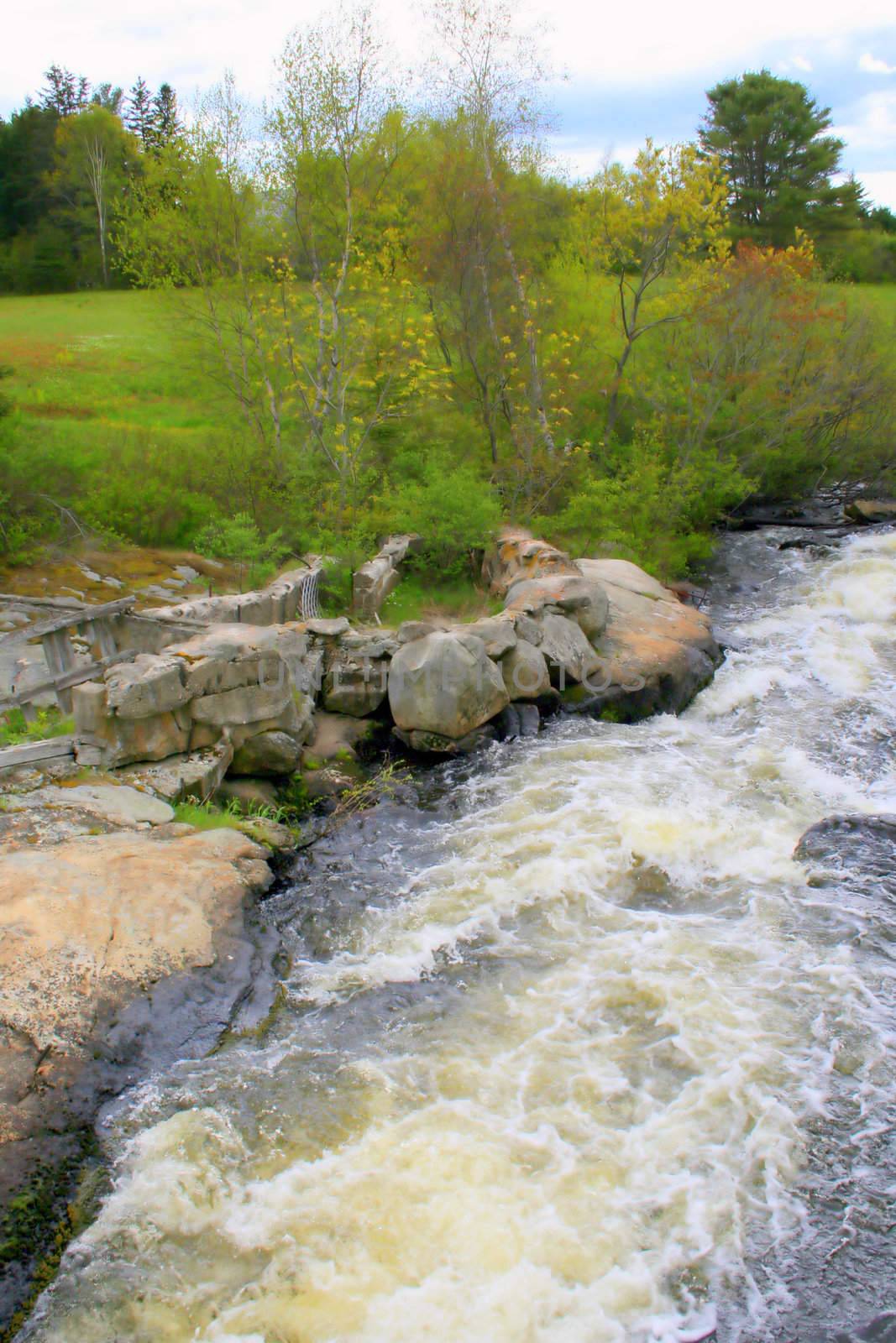 in the country, a rushing stream showing strong water motion in Spring