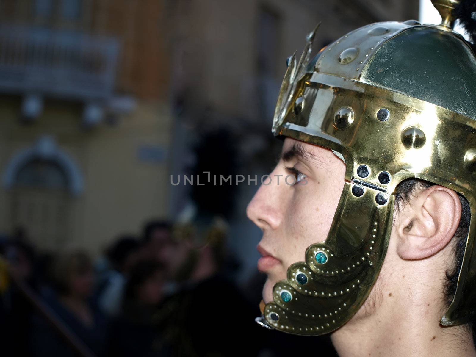 Man dressed up as a Roman legionnaire during reenactment of Biblical times  