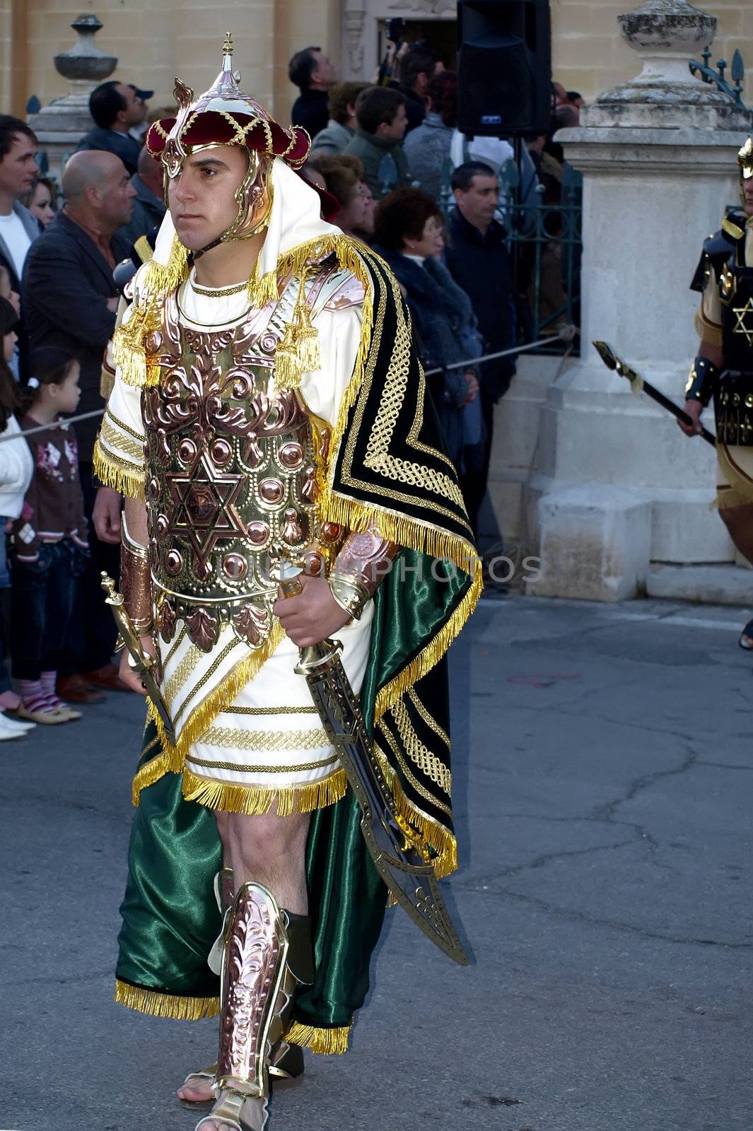 Man dressed up as a Persian ruler during Biblical times  