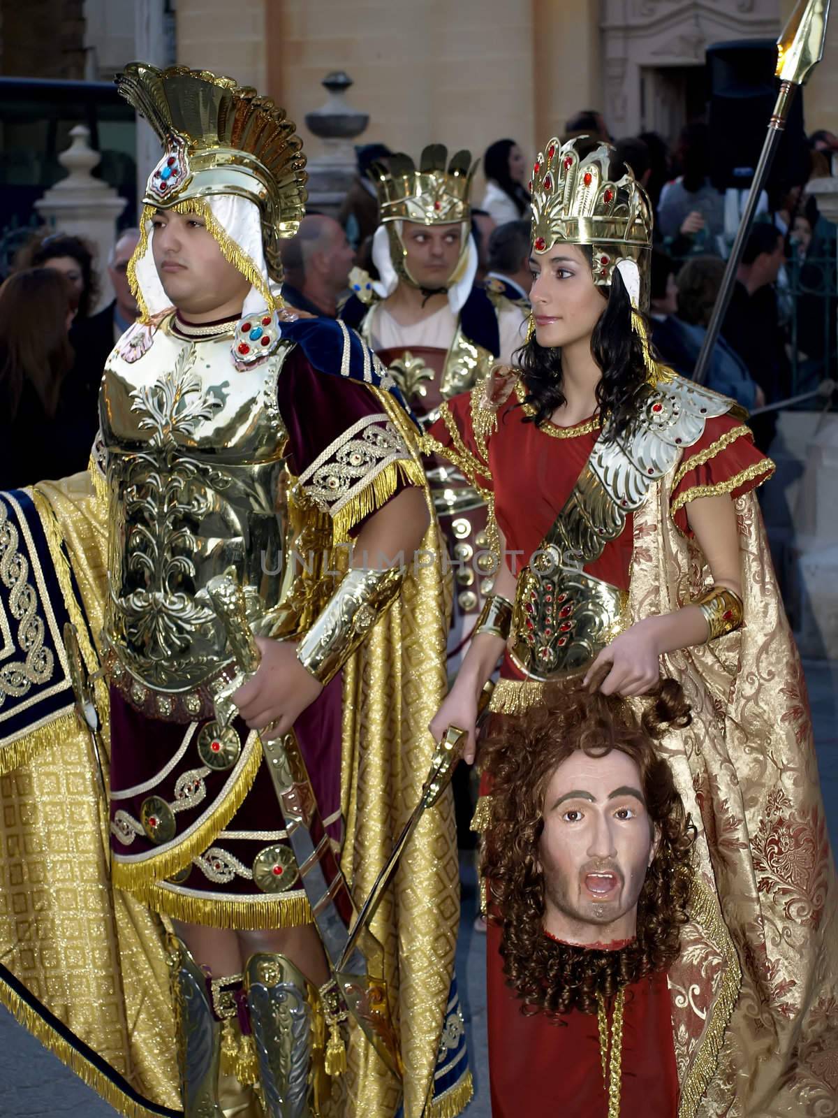 Various Biblical figures from the passion of the Christ during the good Friday procession in Luqa in Malta  