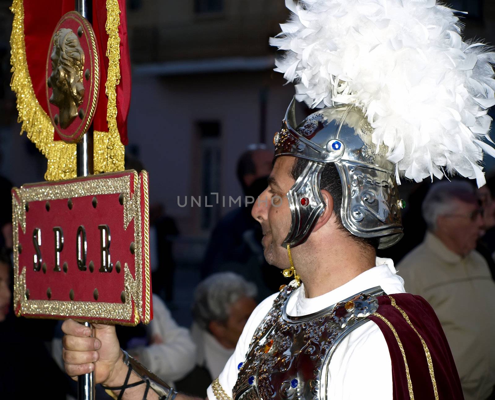 Man dressed up as a Roman Centurion during reenactment of Biblical times  