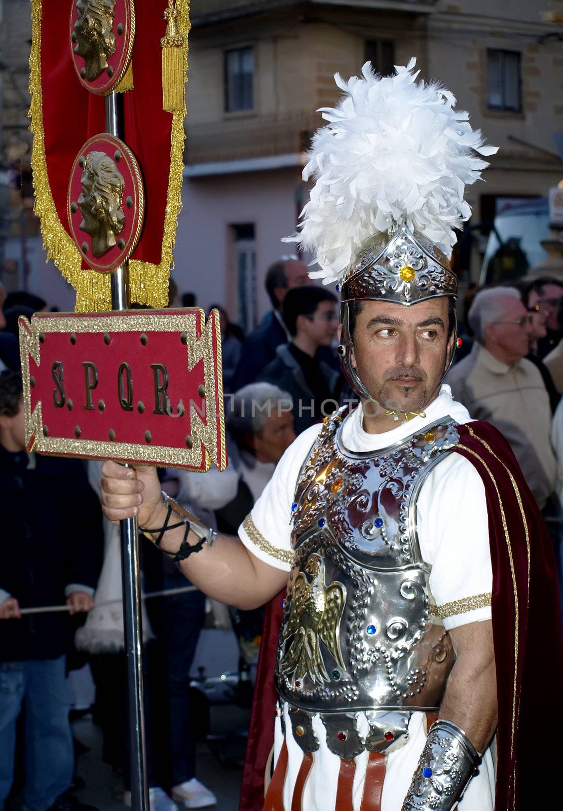 Man dressed up as a Roman Centurion during reenactment of Biblical times  