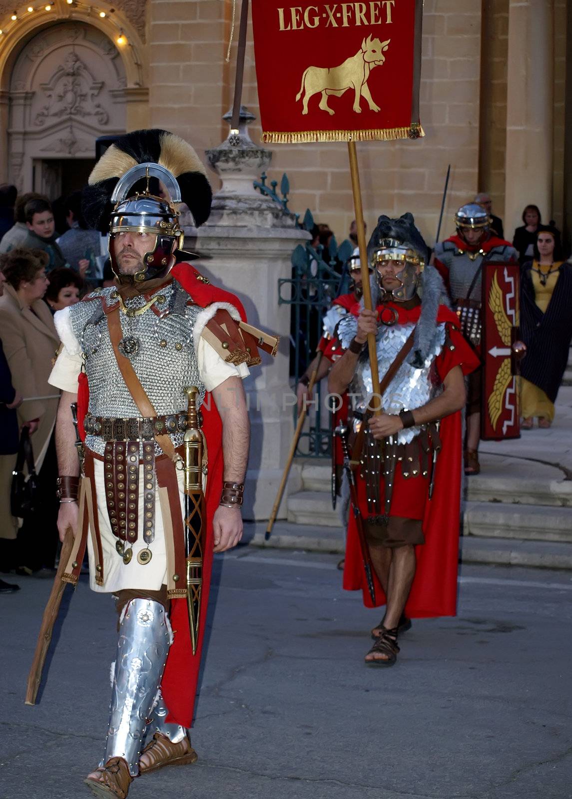 Man dressed up as a Roman Centurion during reenactment of Biblical times  