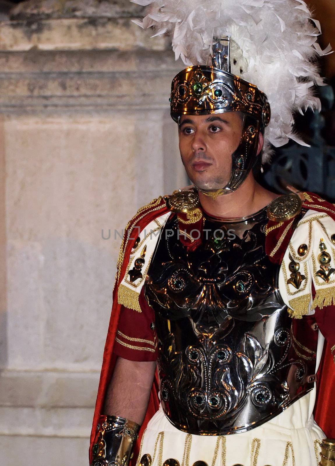 Man dressed up as a Roman General during reenactment of Biblical times  